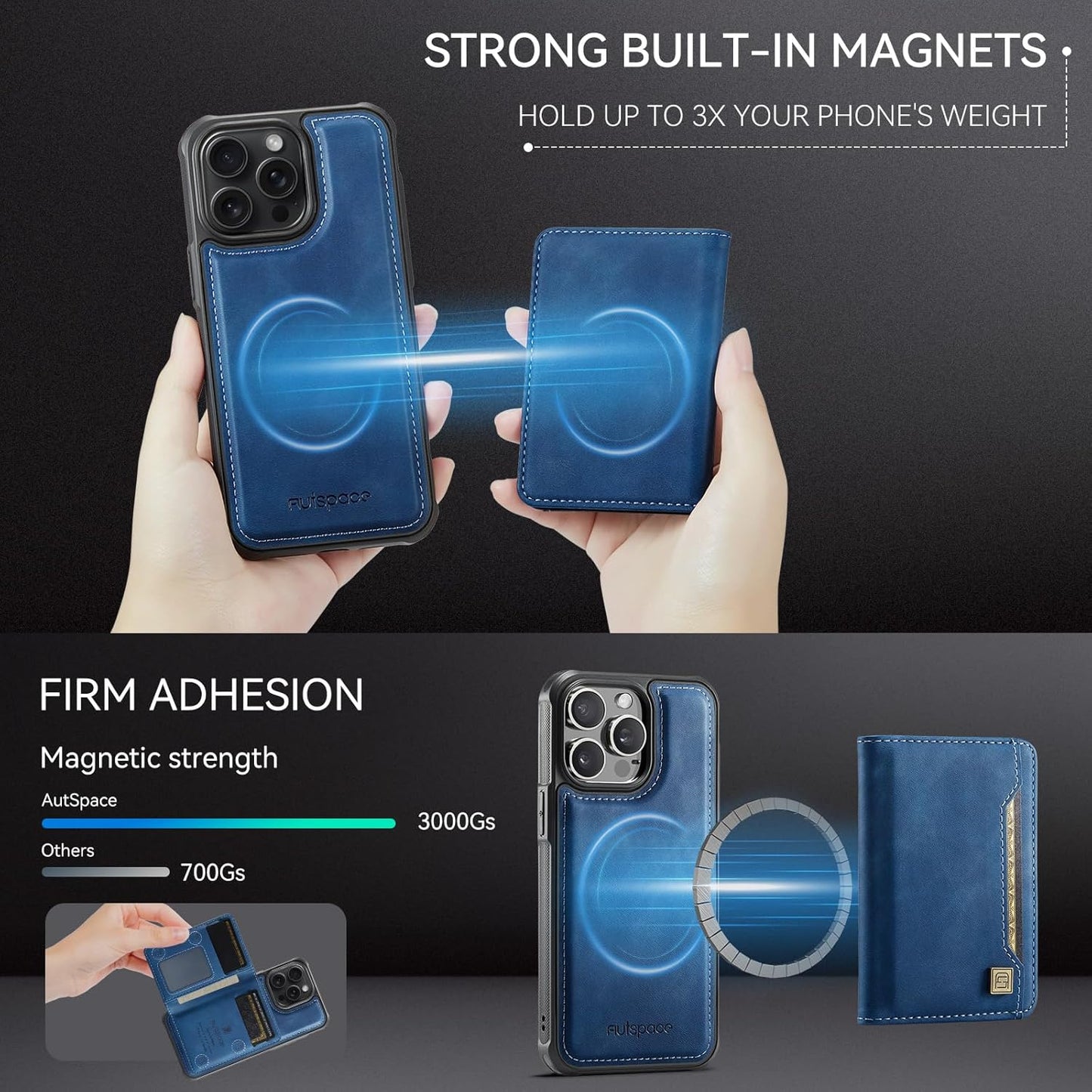 Double magnetic card holder mobile phone case for iPhone 14 Pro max, RFID (anti-theft), supports car magnetic suction function + multi-directional bracket Gray