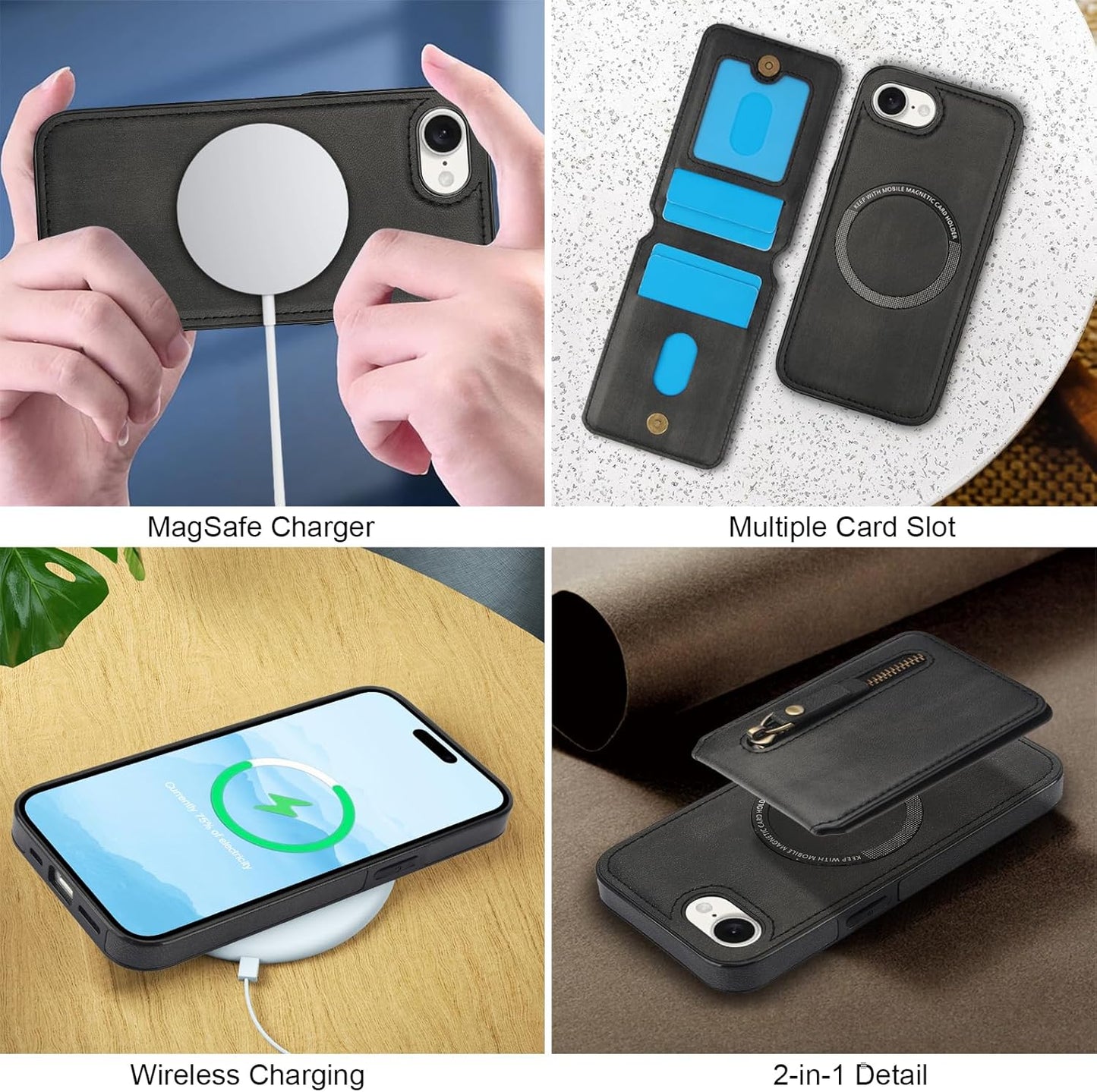 Magnetic card holder phone case suitable for iPhone 16E, zipper magnetic split magnetic wallet with adjustable bracket