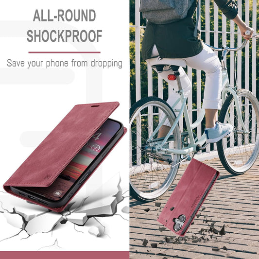 Retro frosted soft leather mobile phone case for iPhone 16, RFID (anti-theft swipe), wallet card slot flip cover stand, Red