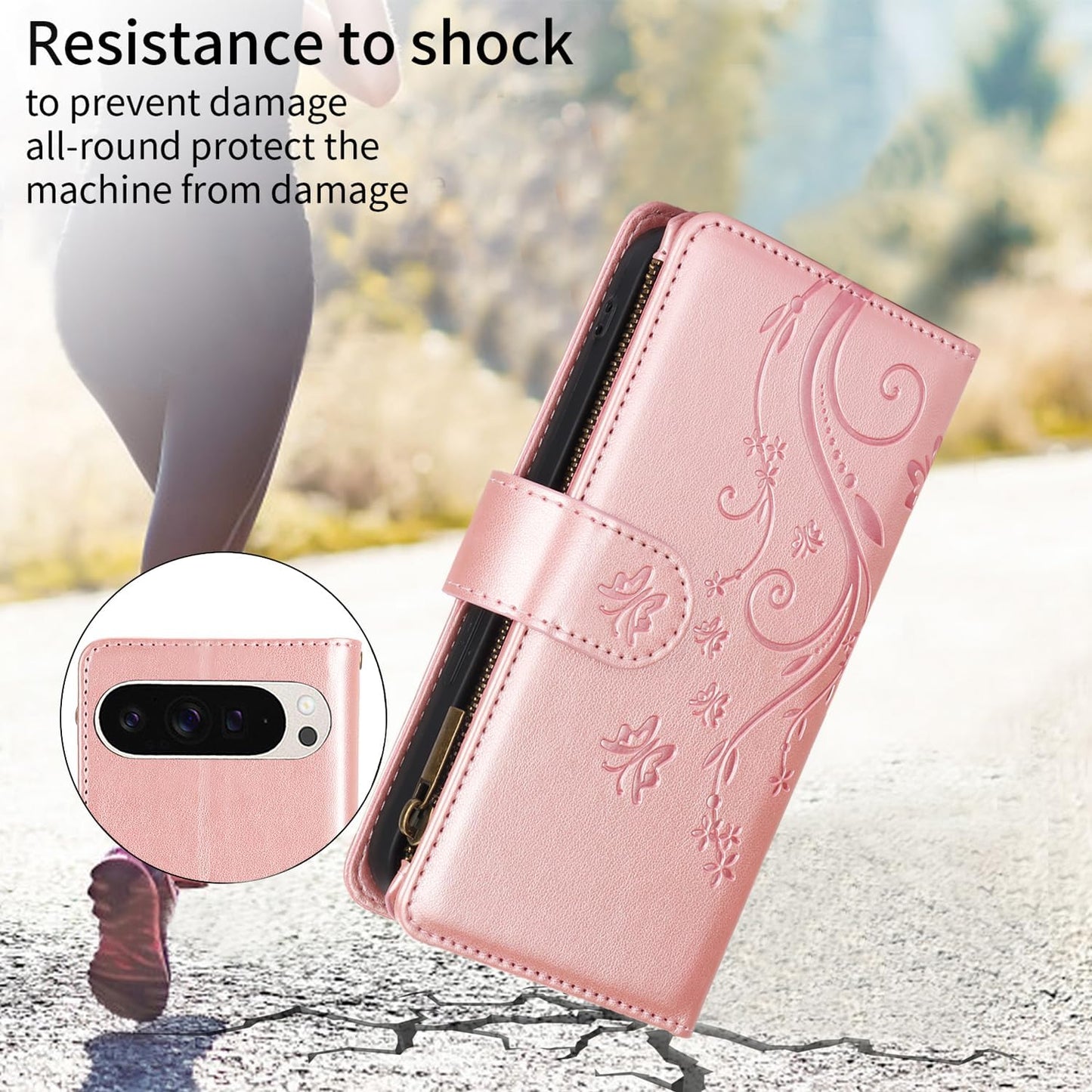 iTape Orchid Butterfly Phone Case for Google Pixel 9 with Multiple Card Slots Wallet, Magnetic Closure Bracket, Shockproof Protective Phone Case Wristband
