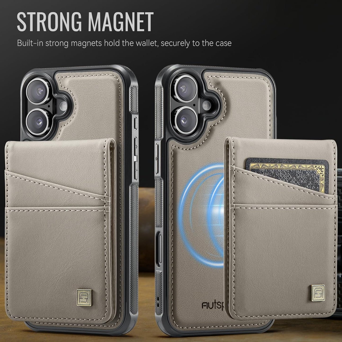 Up and down card holder mobile phone case suitable for iPhone 16 Plus, RFID (anti-theft), supports car magnetic suction function, card slot wallet holder Brown