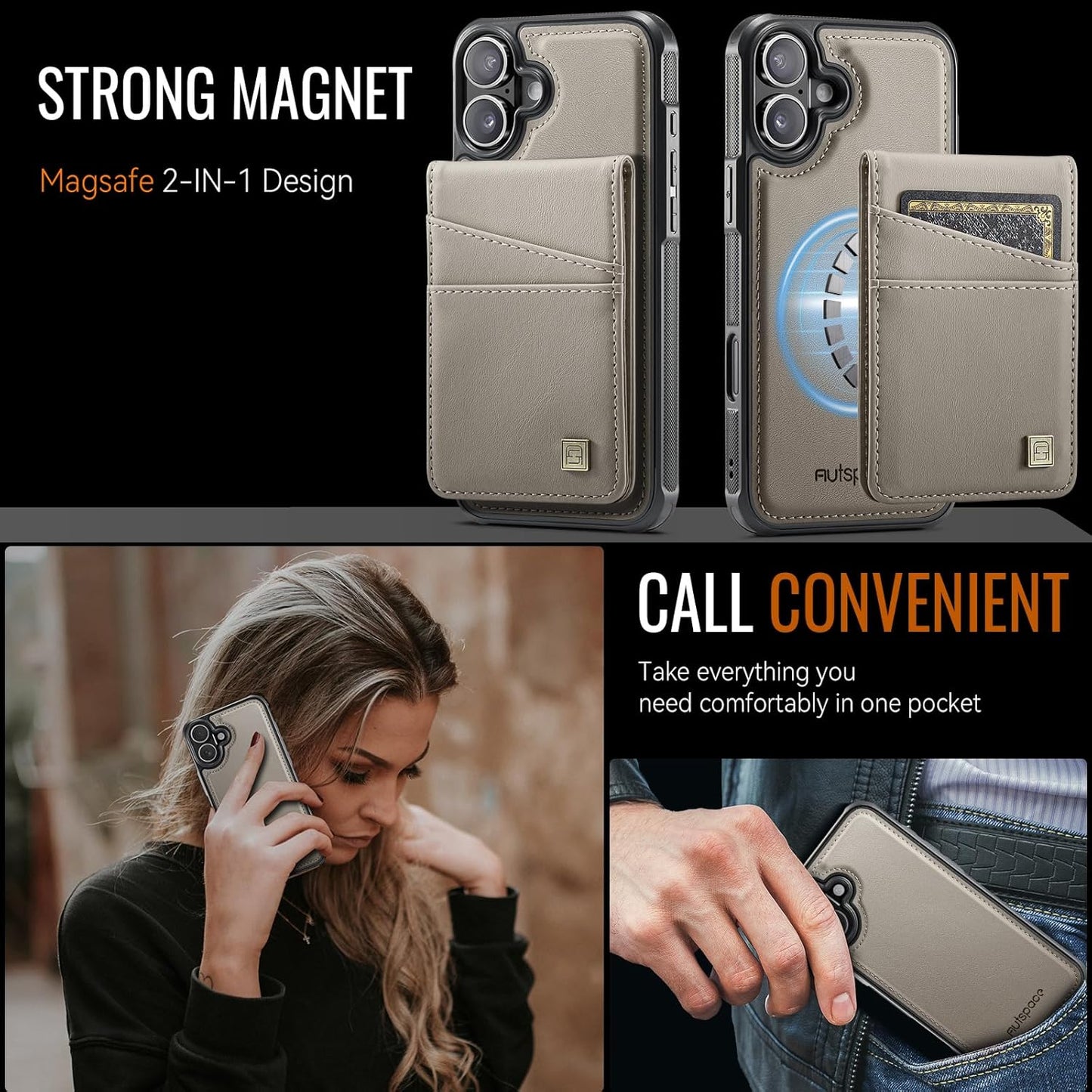 Up and down card holder mobile phone case suitable for iPhone 16 Plus, RFID (anti-theft), supports car magnetic suction function, card slot wallet holder Brown