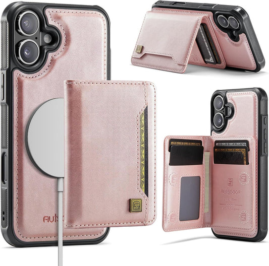 Double magnetic card holder mobile phone case for iPhone 16 Plus, RFID (anti-theft), supports car magnetic suction function + multi-directional bracket Rose Gold