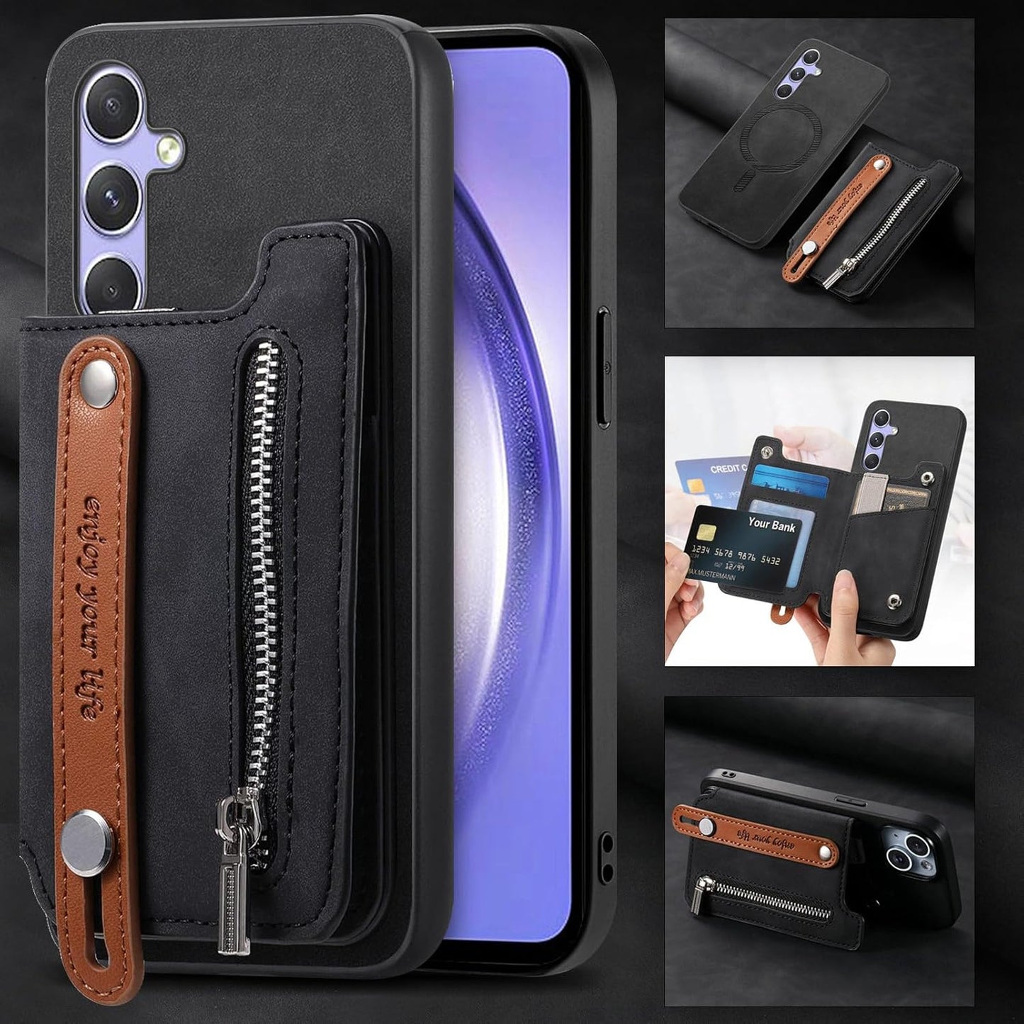 iTape Retro magnetic mobile phone case for Samsung Galaxy S25+, wireless charging magnetic car mount, Card slot, card holder, wrist strap bracket RFID anti-theft card Orange