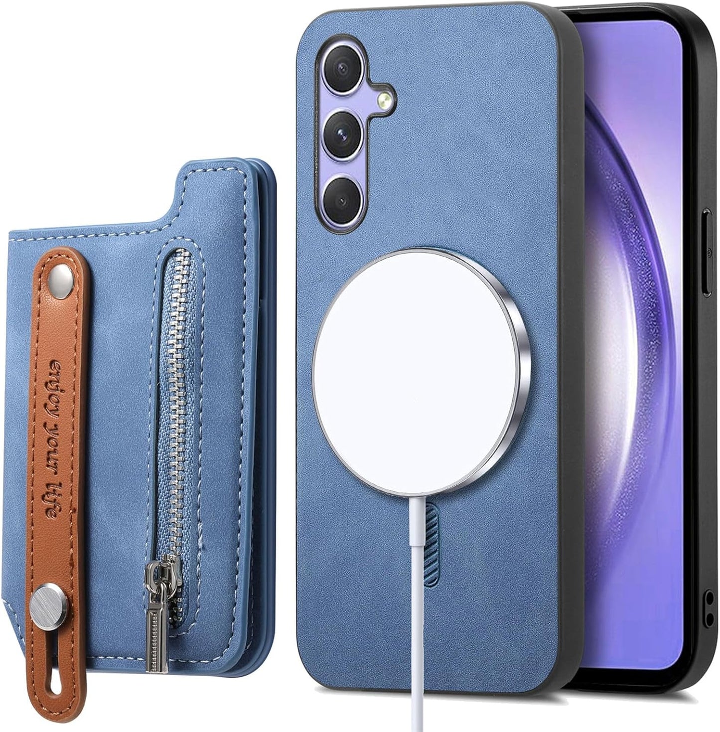 iTape Retro magnetic mobile phone case for Samsung Galaxy S25+, wireless charging magnetic car mount, Card slot, card holder, wrist strap bracket RFID anti-theft card Orange