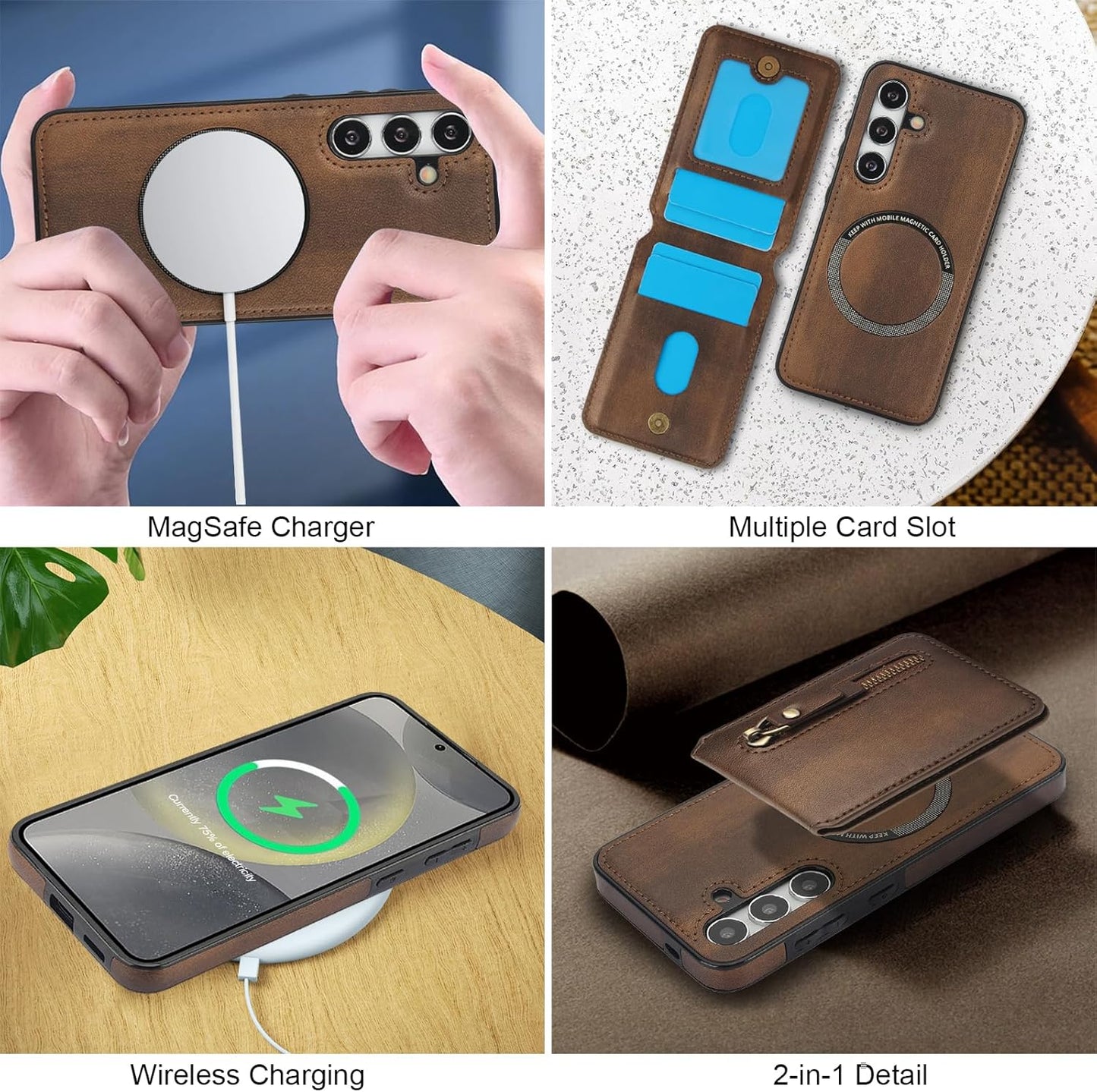 iTape Magnetic card holder phone case suitable for Samsung Galaxy S24+, zipper magnetic split magnetic wallet with adjustable bracket Blue