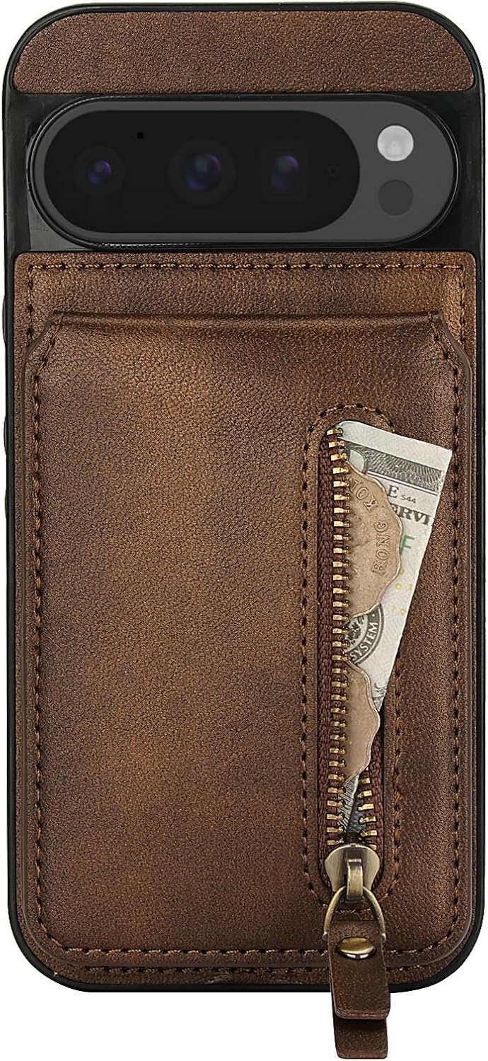 iTape Magnetic card holder phone case suitable for Google Pixel 9 Pro, zipper magnetic split magnetic wallet with adjustable bracket