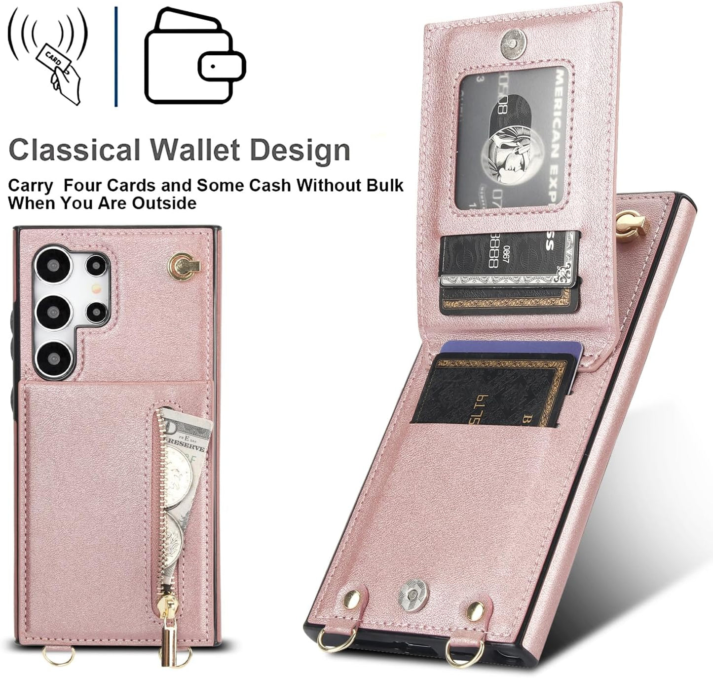 iTape Samsung Galaxy S24 Ultra Case Wallet, Zipper Coin Pouch, Credit Card Slot Holder, Wrist Strap, Samsung Galaxy S24 Ultra Case Adjustable Crossbody Lanyard [RFID Blocked]