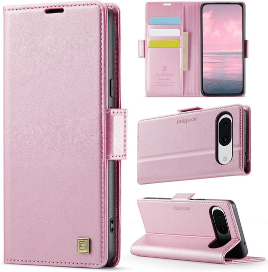 iTape Soft leather wallet case for Google Pixel 8, RFID (anti-theft), wallet card slot flip cover stand for Google Pixel 8 Support wireless charging Rose Gold