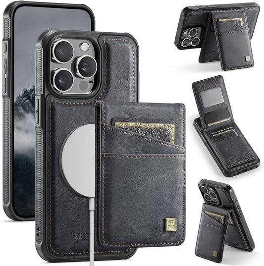 Up and down card holder mobile phone case suitable for iPhone 15 Pro max, RFID (anti-theft), supports car magnetic suction function, card slot wallet holder Black