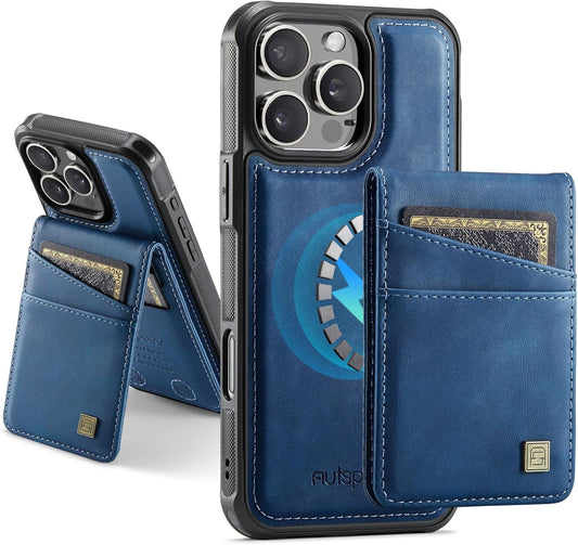 Up and down card holder mobile phone case suitable for iPhone 16 Pro, RFID (anti-theft), supports car magnetic suction function, card slot wallet holder Blue