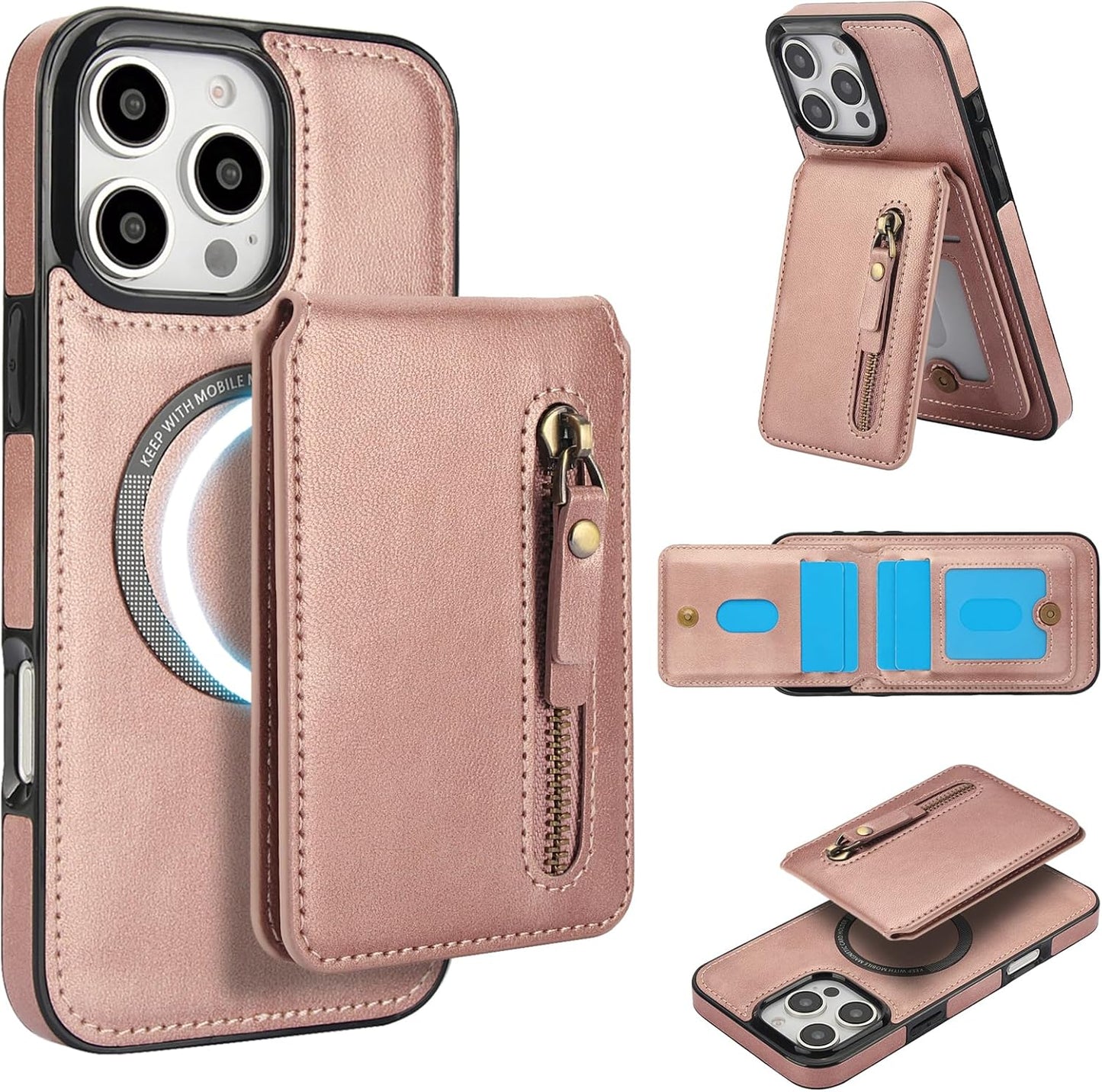 Magnetic card holder phone case suitable for iPhone 16 Pro, zipper magnetic split magnetic wallet with adjustable bracket Brown