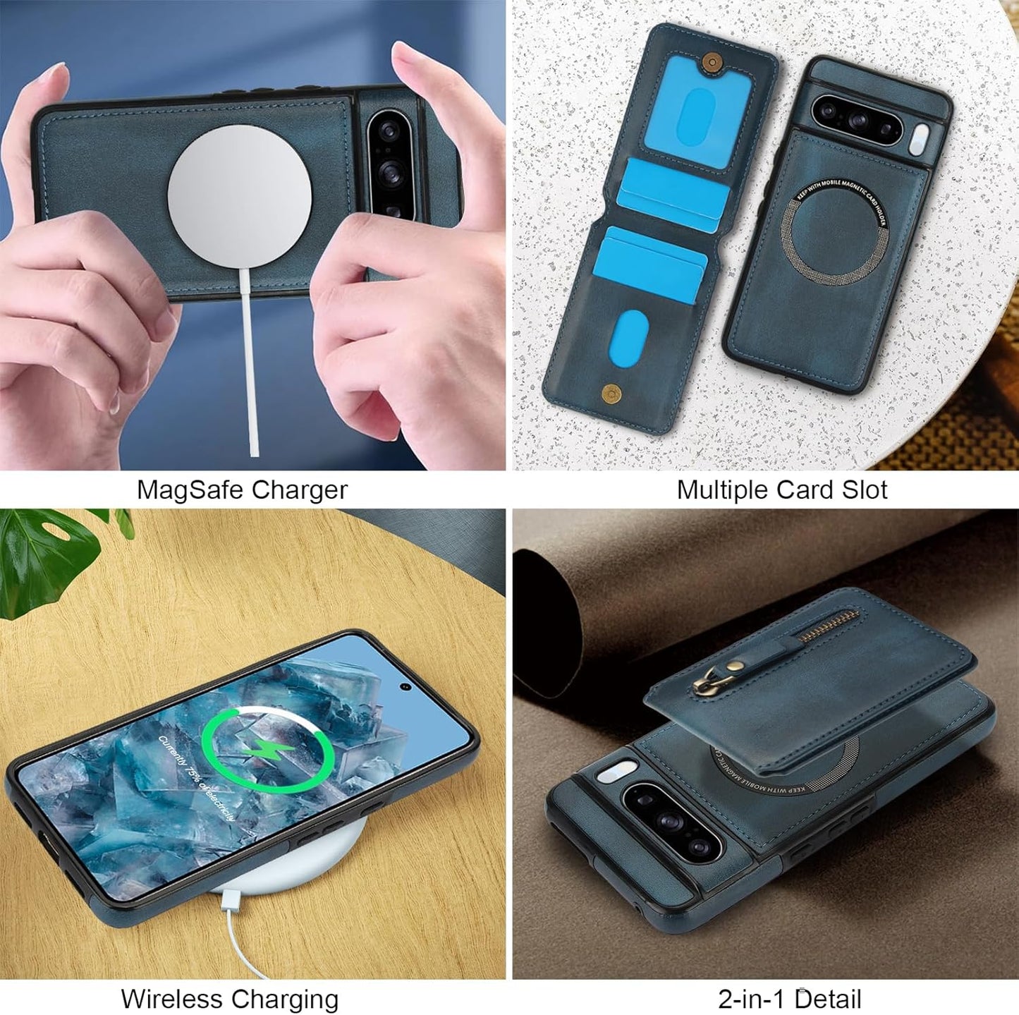 iTape Magnetic card holder phone case suitable for Google Pixel 8 Pro, zipper magnetic split magnetic wallet with adjustable bracket Brown