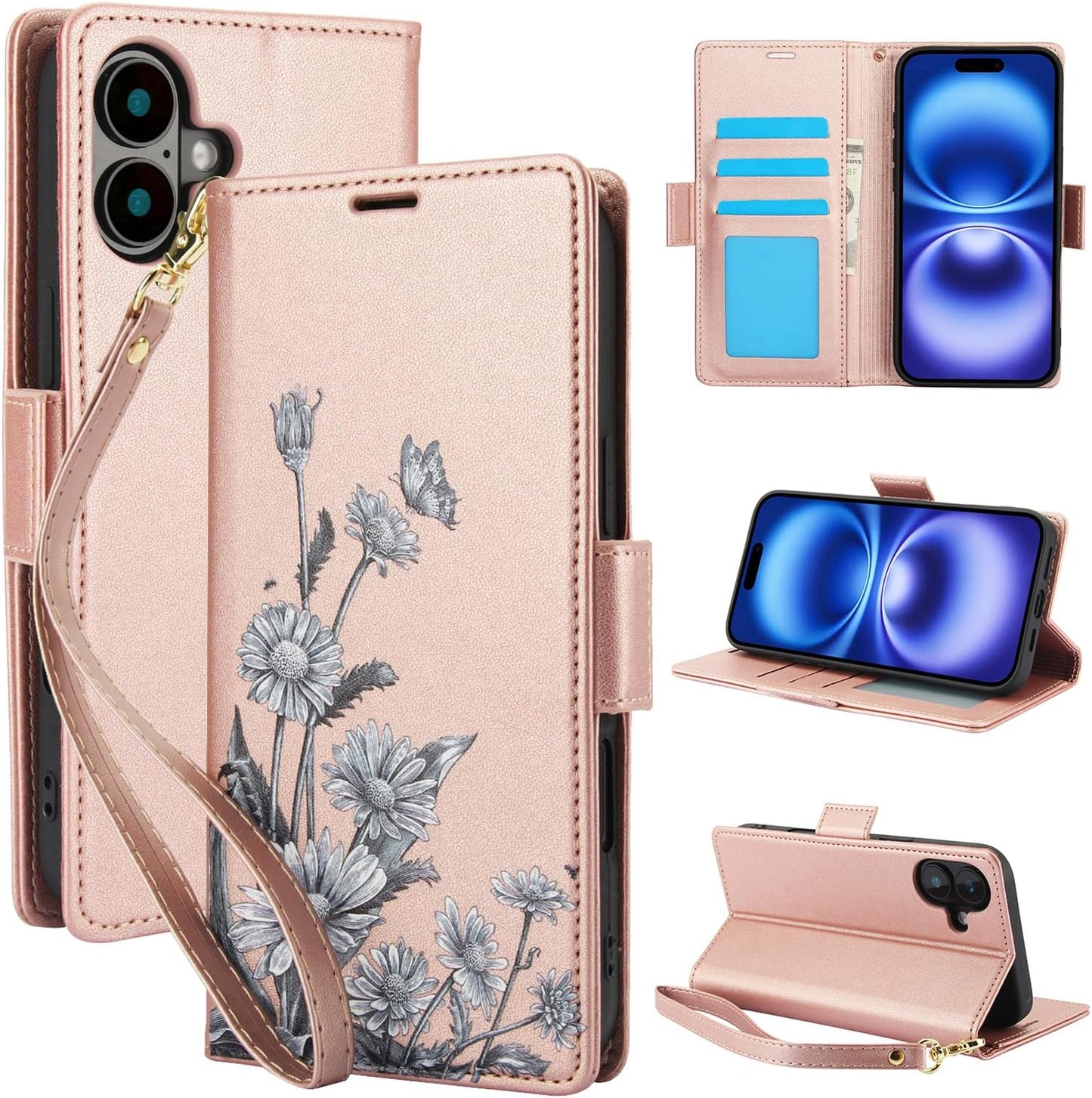 Printed Wallet Phone Case for iPhone 16 Plus, RFID (Anti-Theft), Wallet Flip Stand with Wrist Strap for iPhone 16 Plus Rose Gold