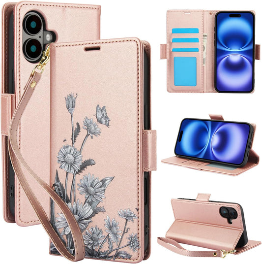 Printed Wallet Phone Case for iPhone 16 Plus, RFID (Anti-Theft), Wallet Flip Stand with Wrist Strap for iPhone 16 Plus Rose Gold
