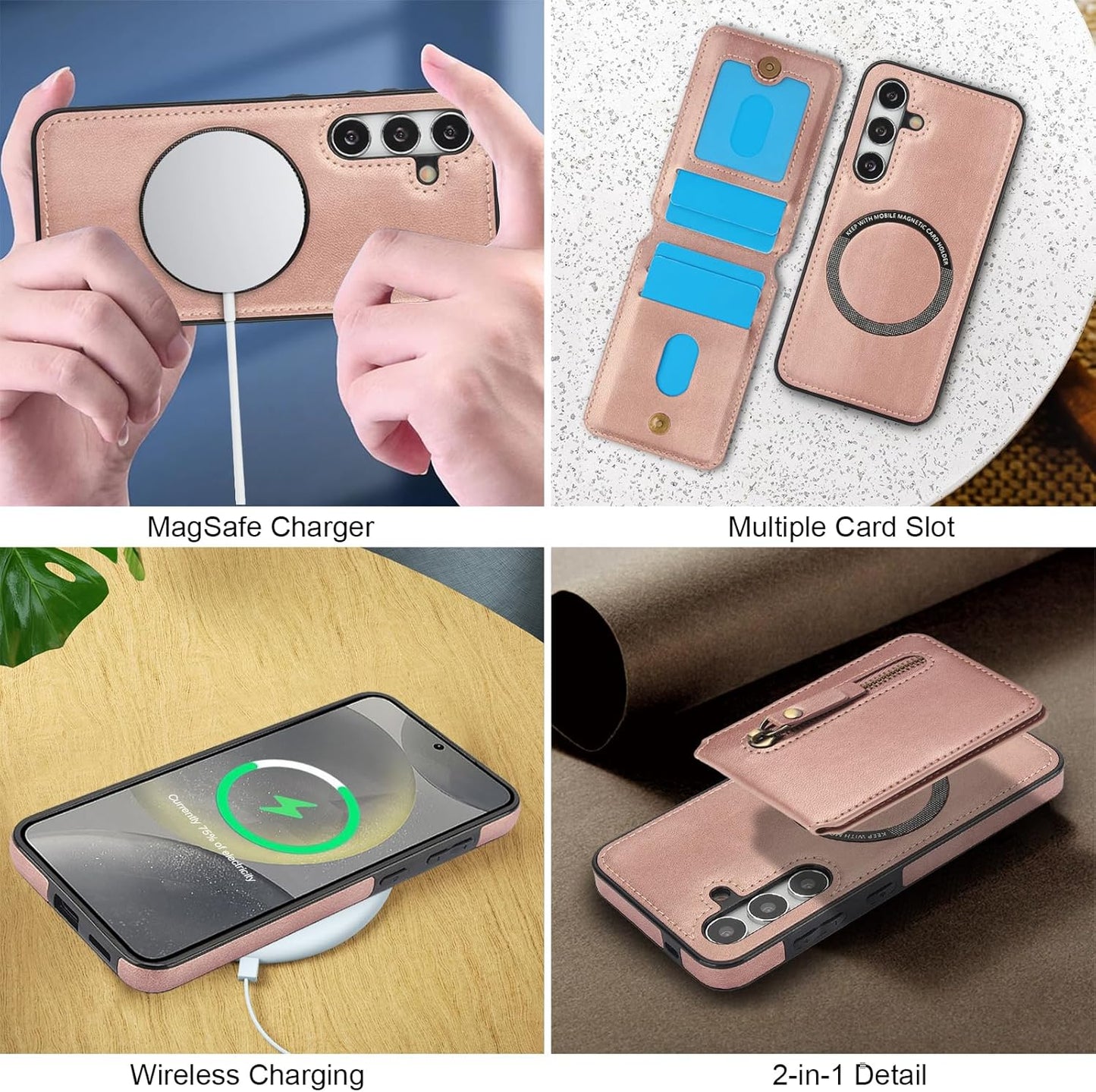 iTape Magnetic card holder phone case suitable for Samsung Galaxy S24+, zipper magnetic split magnetic wallet with adjustable bracket Blue