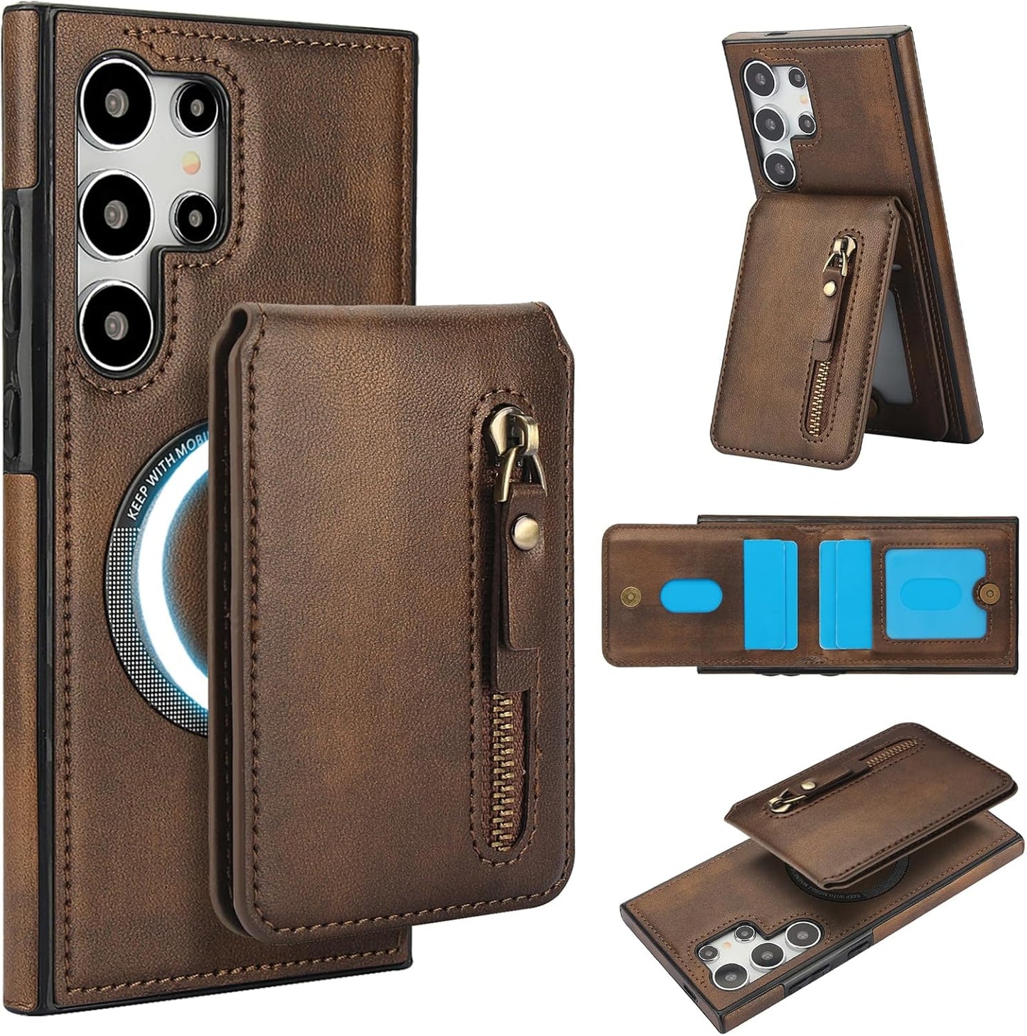 iTape Magnetic Card Holder Phone case Suitable for Samsung Galaxy S24 Ultra, Zipper Magnetic Split Magnetic Wallet with Adjustable Bracket