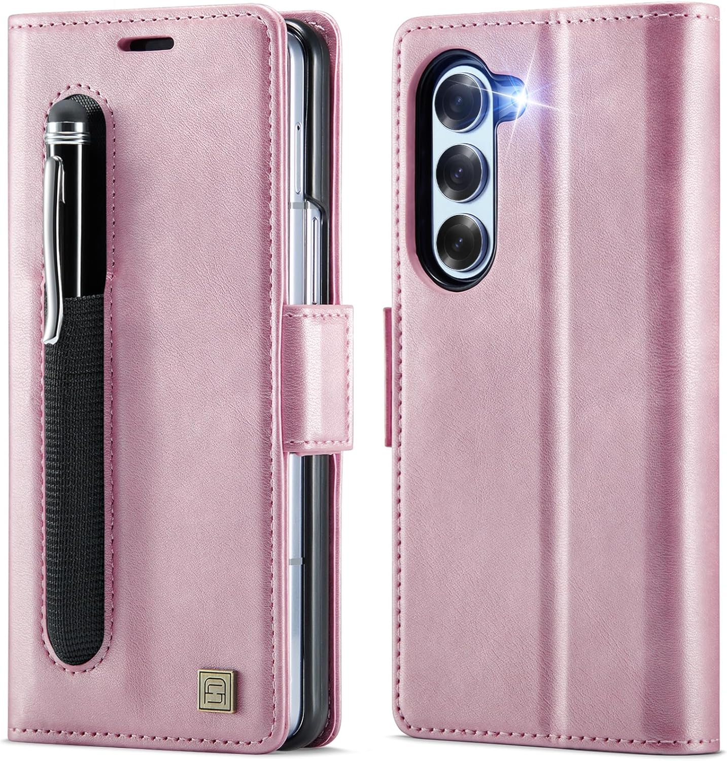 iTape Soft leather wallet case for Samsung Z Fold6, RFID (anti-theft), wallet card slot flip cover stand for Samsung Z Fold6 Support wireless charging Rose Gold
