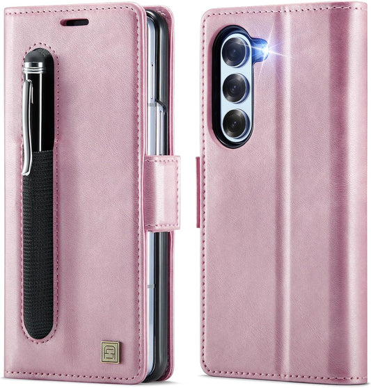 iTape Soft leather wallet case for Samsung Z Fold6, RFID (anti-theft), wallet card slot flip cover stand for Samsung Z Fold6 Support wireless charging Rose Gold