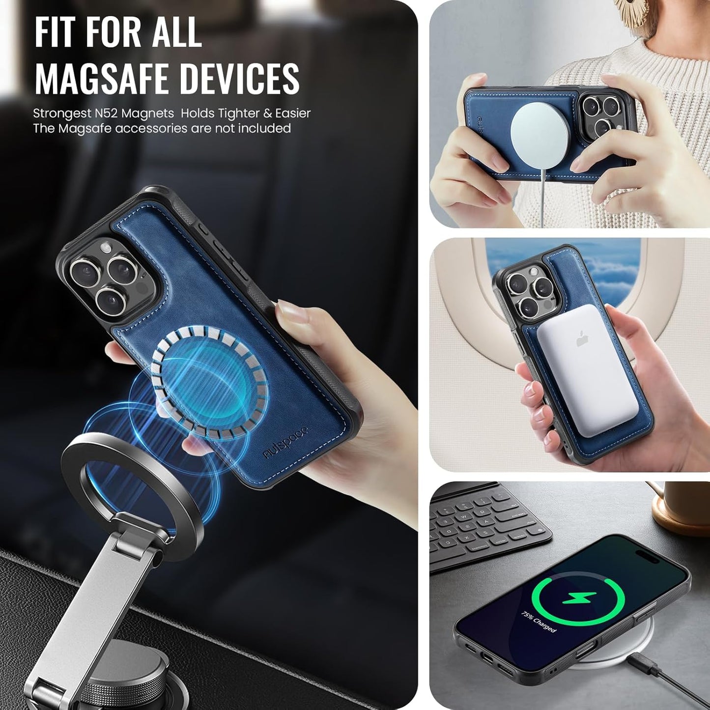 Up and down card holder mobile phone case suitable for iPhone 16 Pro, RFID (anti-theft), supports car magnetic suction function, card slot wallet holder Blue