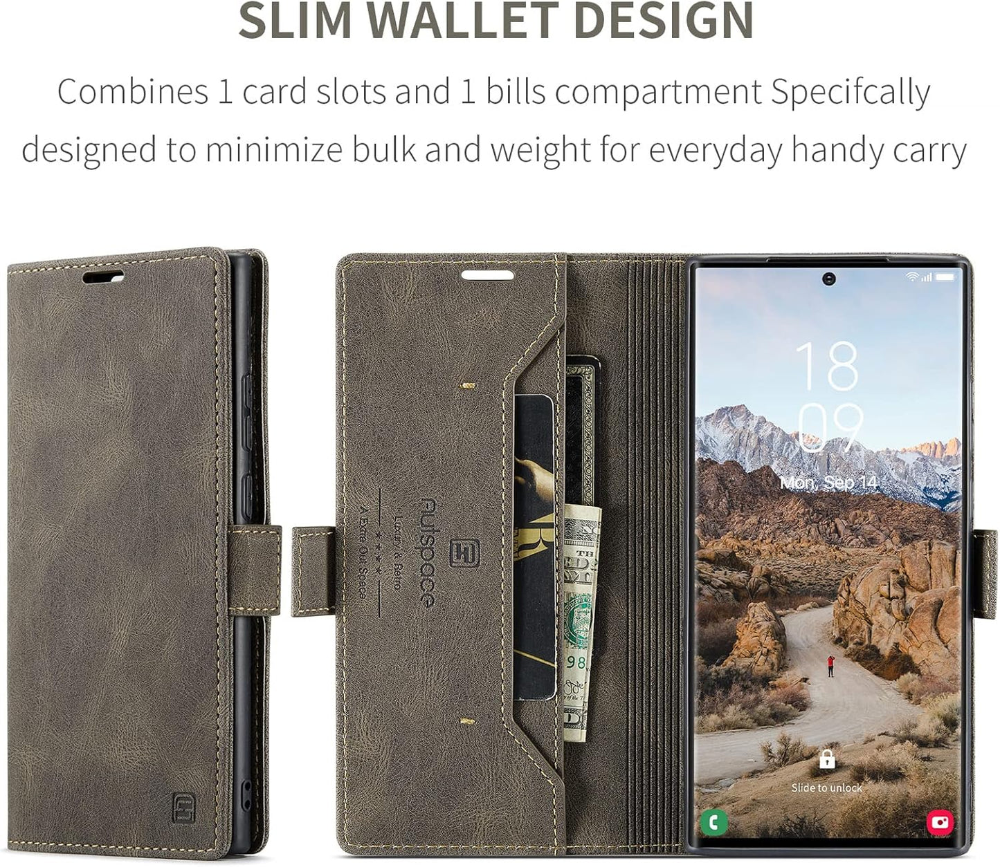 iTape Retro frosted soft leather mobile phone case for Samsung Galaxy S24 Ultra, RFID (anti-theft swipe), wallet card slot flip cover stand, Black