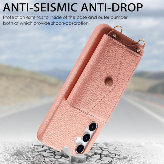 iTape Card Holder Wallet Phone Case for Samsung Galaxy A55, Shockproof Ultra-thin Phone Case, Makeup Mirror with Crossbody Strap Pink