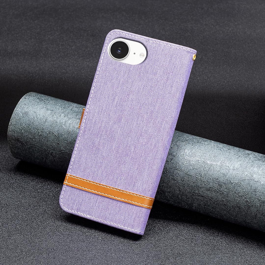 Colorblock Denim Wallet Phone Case for iPhone 16E, Wallet Phone Case Flip Stand, Credit Card Slot Wallet Wrist strap Green
