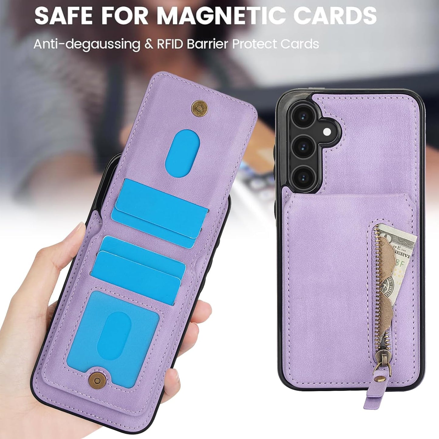iTape Magnetic card holder phone case suitable for Samsung Galaxy S25+, zipper magnetic split magnetic wallet with adjustable bracket Pink
