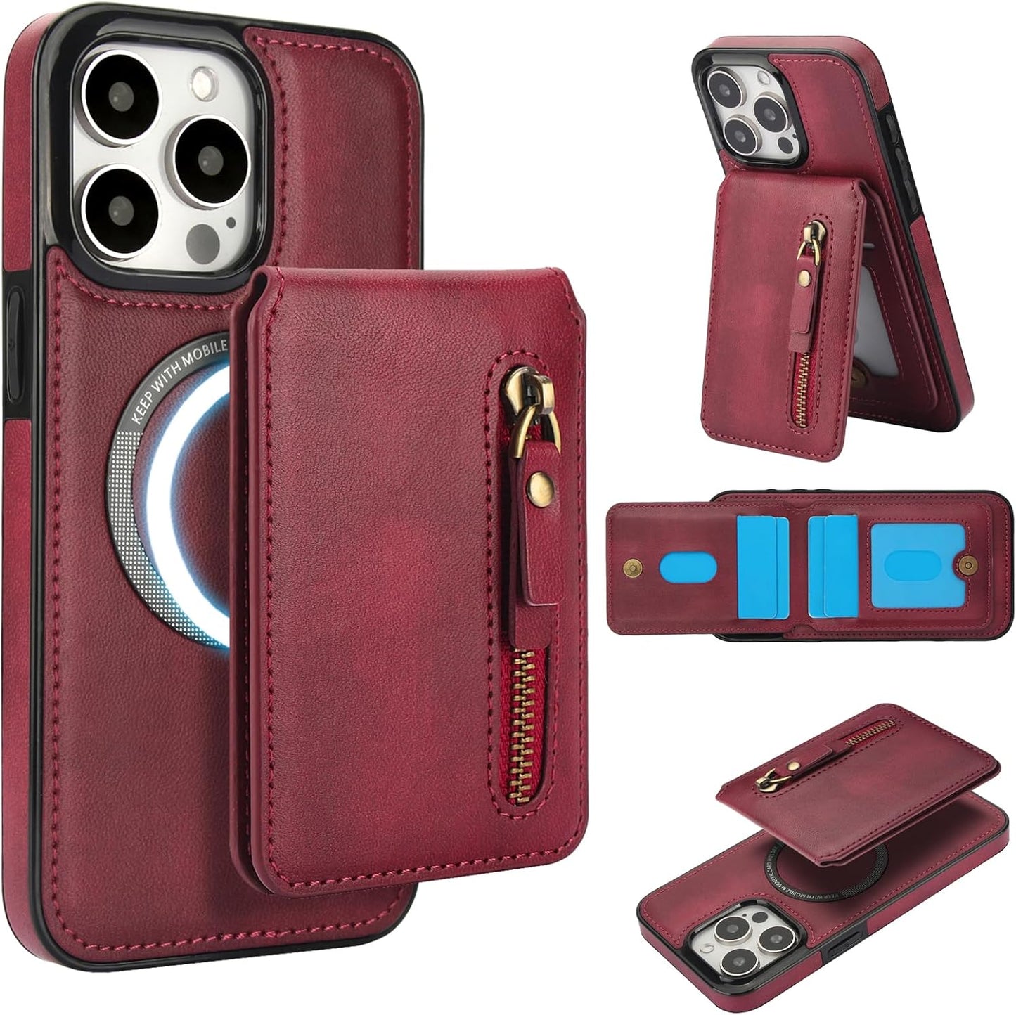 Magnetic card holder phone case suitable for iPhone 15 Pro max, zipper magnetic split magnetic wallet with adjustable bracket Brown