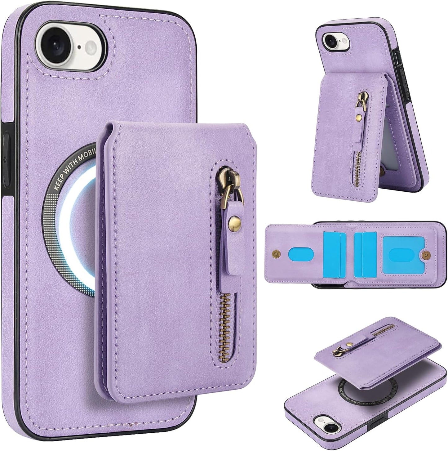Magnetic card holder phone case suitable for iPhone 16E, zipper magnetic split magnetic wallet with adjustable bracket