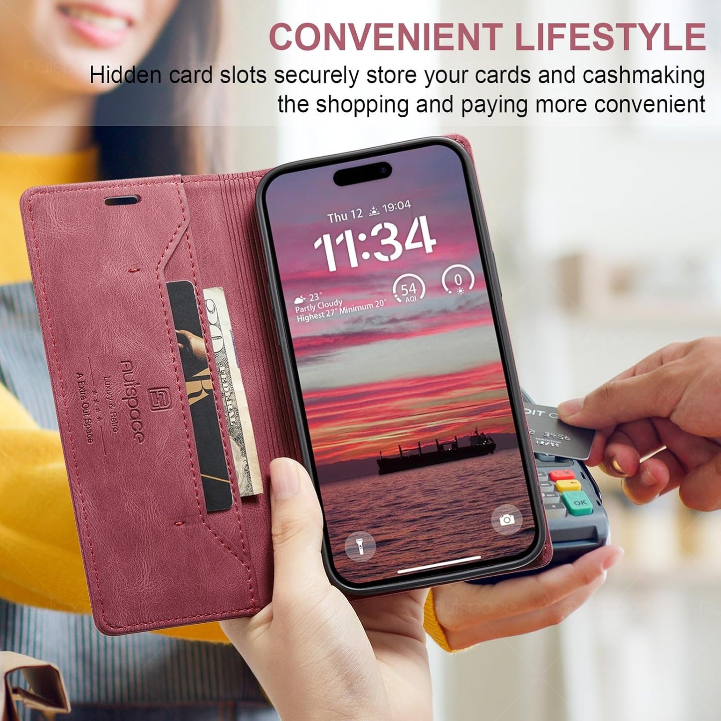 Retro frosted soft leather mobile phone case for iPhone 16, RFID (anti-theft swipe), wallet card slot flip cover stand, Red