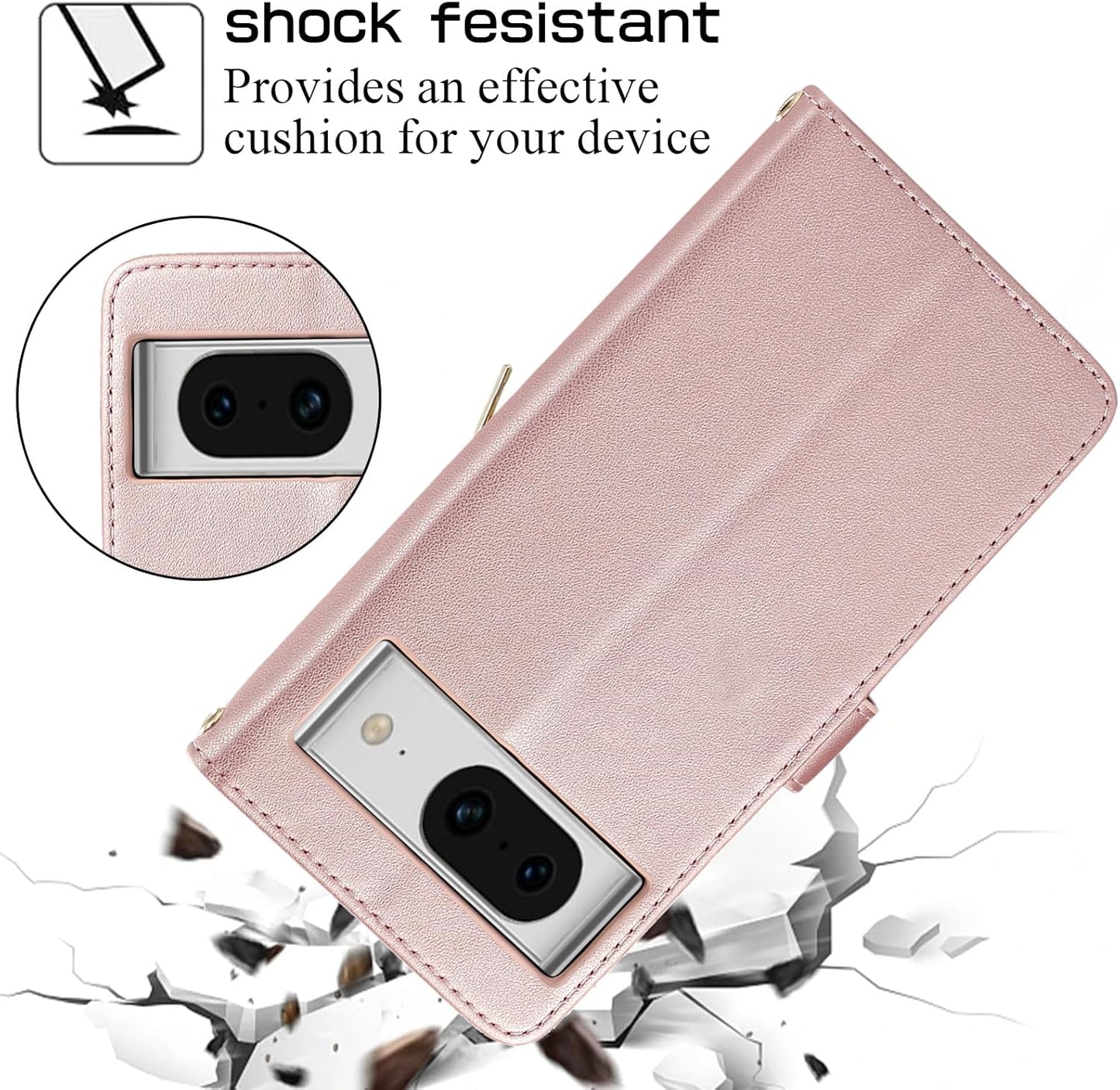 iTape Diamond Wallet Case for Google Pixel 8, Flip Leather Stand, Wrist Strap, Magnetic Closure, Shockproof Case Coin Purse Card Holder, Crossbody Strap Black