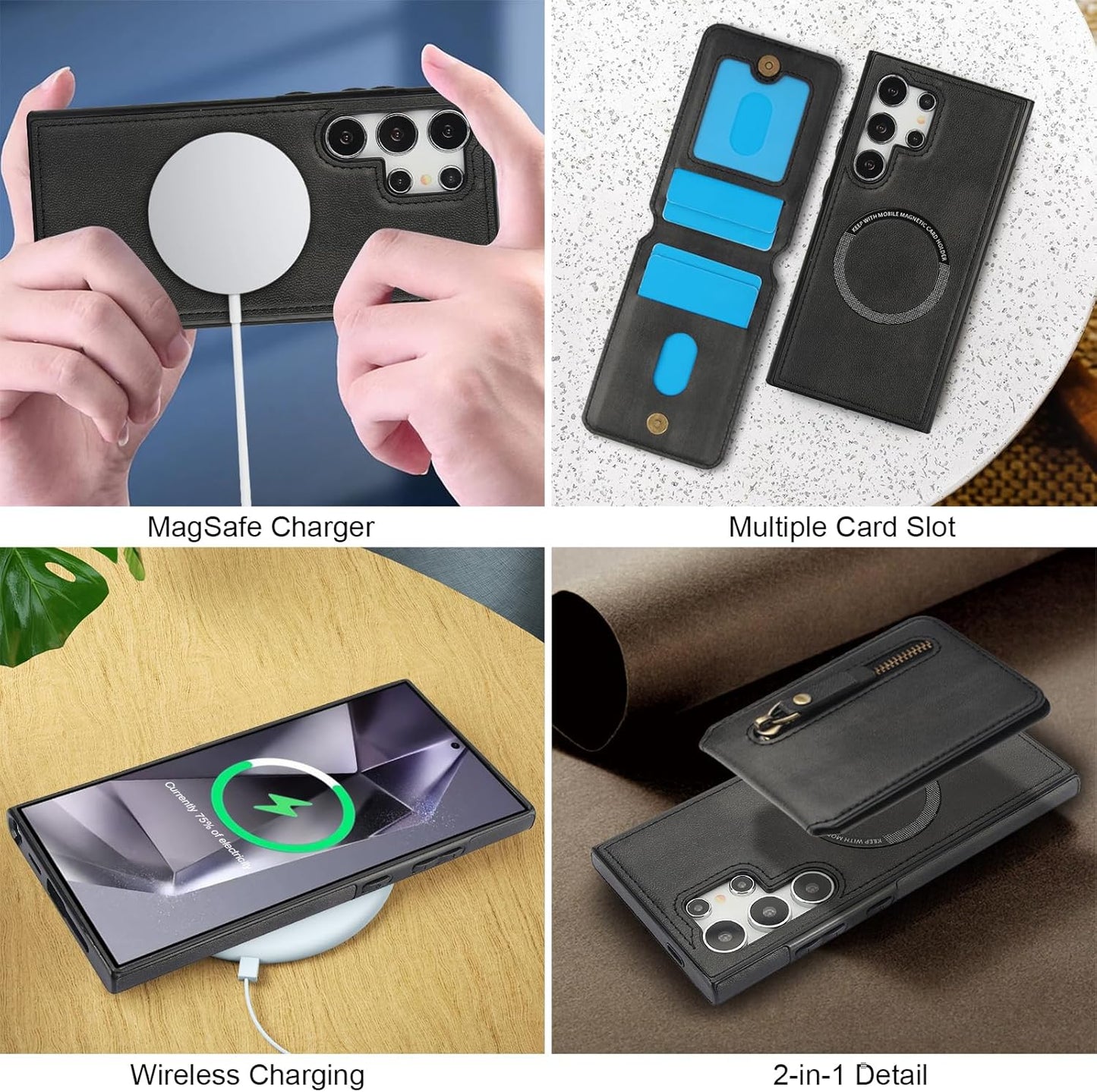 iTape Magnetic Card Holder Phone case Suitable for Samsung Galaxy S24 Ultra, Zipper Magnetic Split Magnetic Wallet with Adjustable Bracket