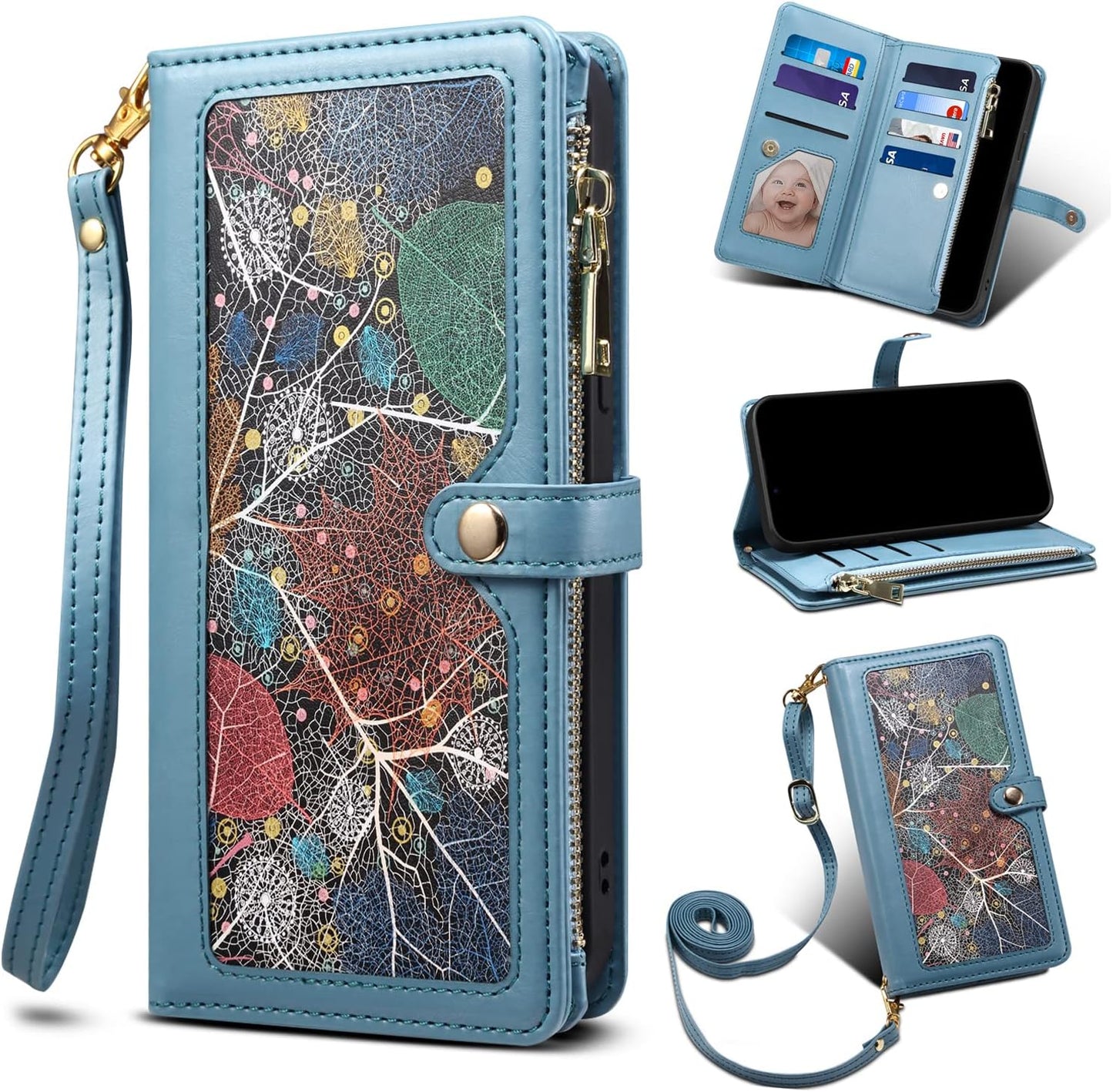 iTape Wallet case for Samsung Galaxy A55-5G, card slot photo frame flip stand phone protective case (RFID anti-theft brush) with wrist strap, cross-body strap Black
