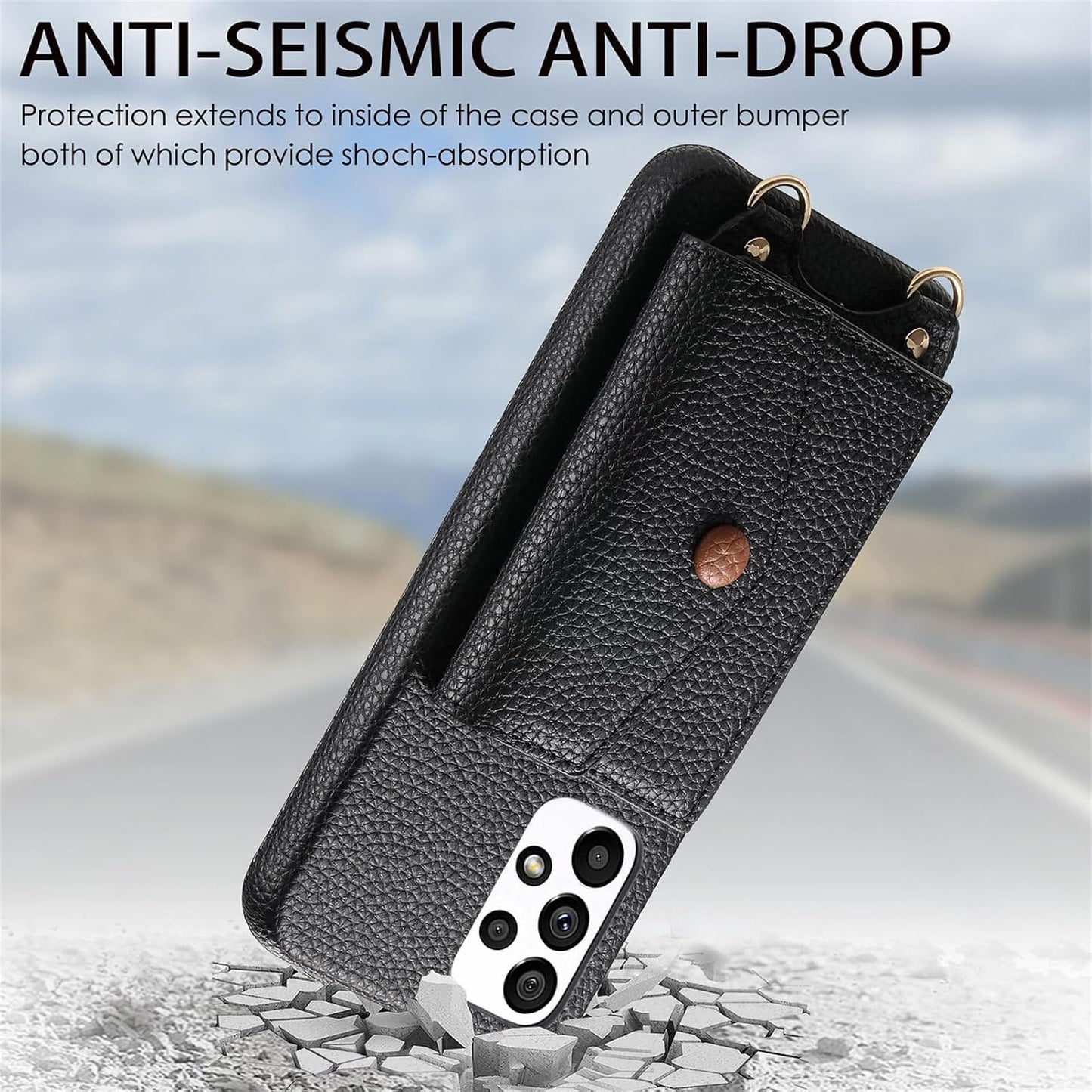 iTape Card Holder Wallet Phone Case for Samsung Galaxy A53 5G, Shockproof Ultra-thin Phone Case, Makeup Mirror with Crossbody Strap Gray