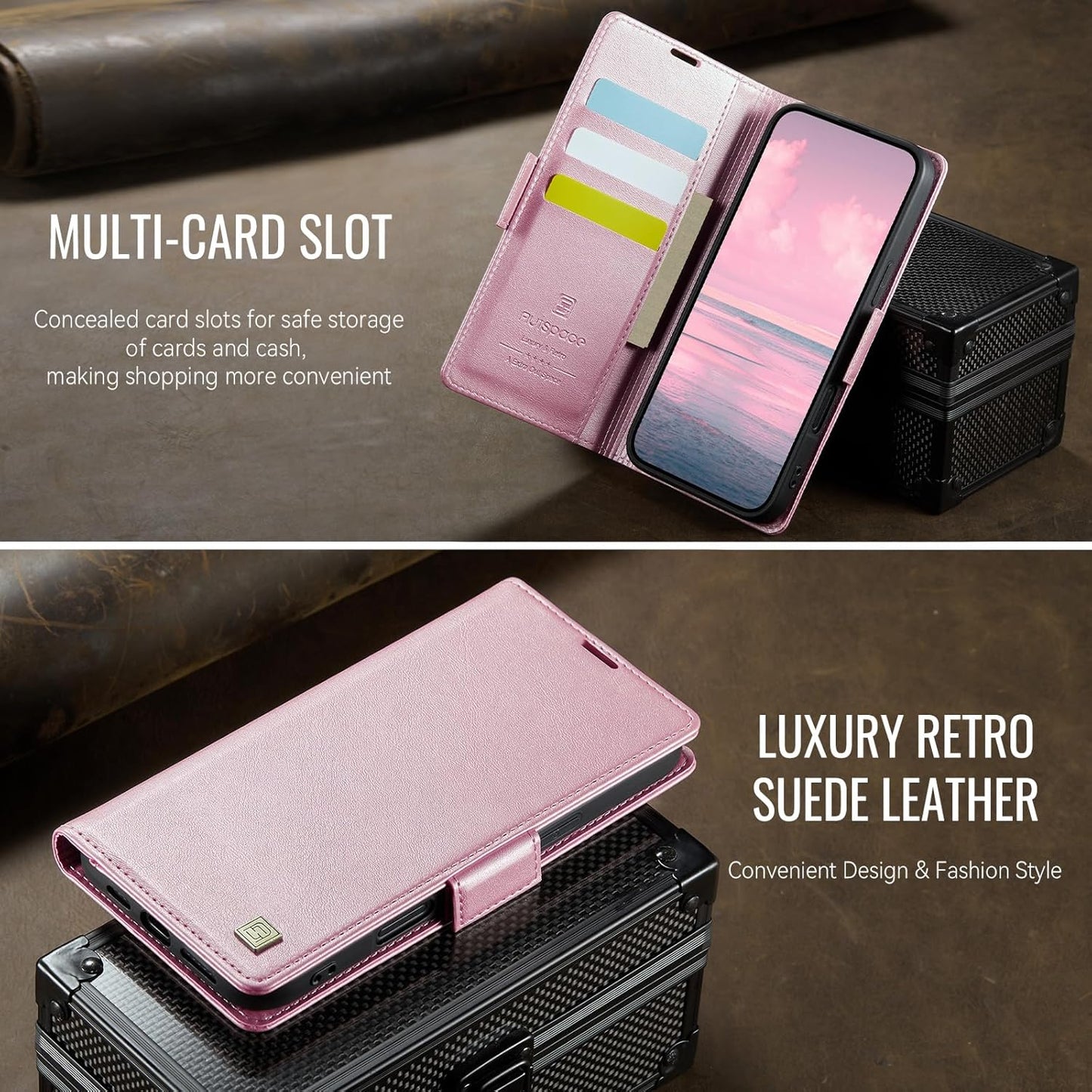 Soft leather wallet case for iPhone 16, RFID (anti-theft), wallet card slot flip cover stand for iPhone 16 Support wireless charging Rose Gold