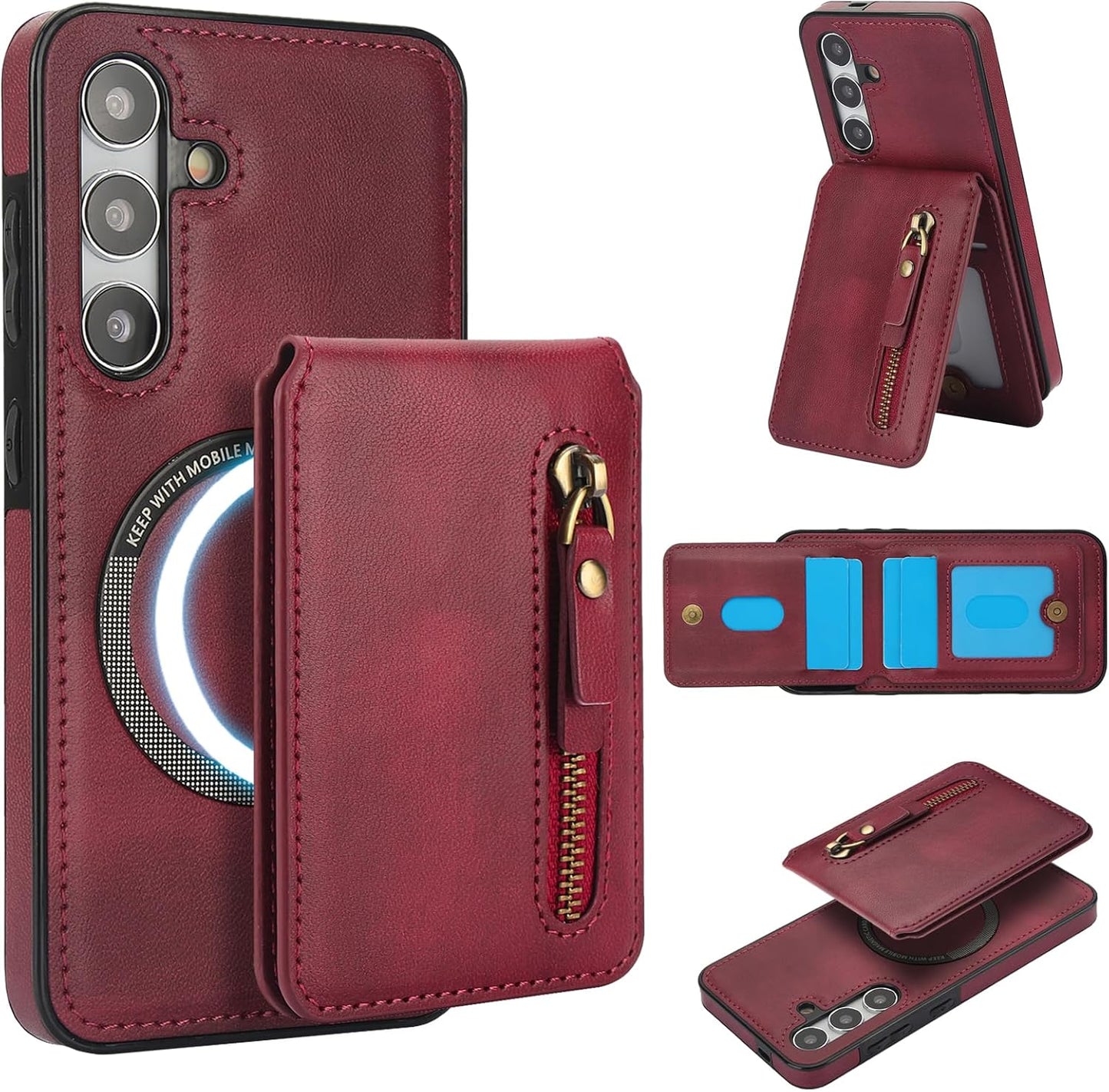 iTape Magnetic card holder phone case suitable for Samsung Galaxy S24+, zipper magnetic split magnetic wallet with adjustable bracket Blue