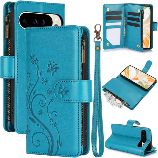 iTape Orchid Butterfly Phone Case for Google Pixel 9 with Multiple Card Slots Wallet, Magnetic Closure Bracket, Shockproof Protective Phone Case Wristband