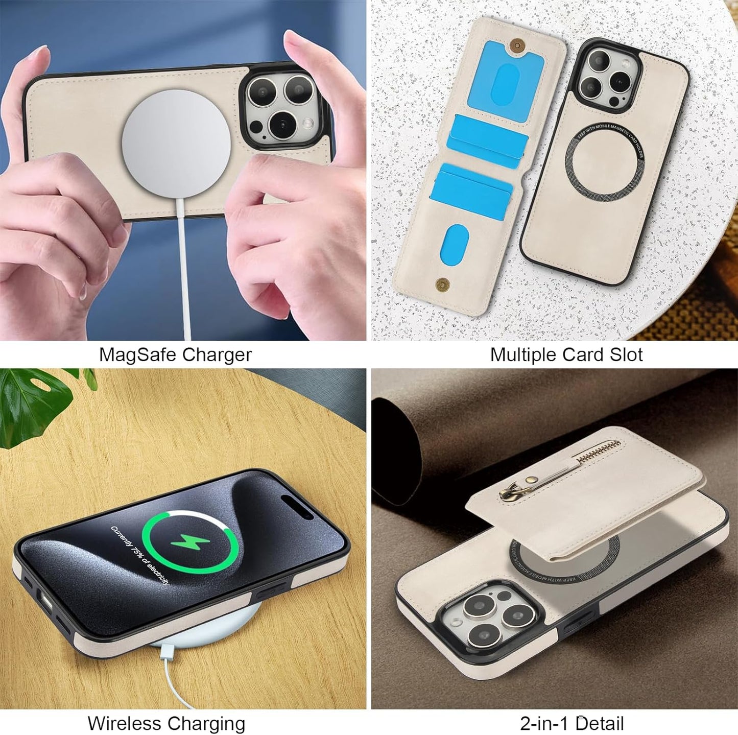 Magnetic card holder phone case suitable for iPhone 15 Pro, zipper magnetic split magnetic wallet with adjustable bracket Black