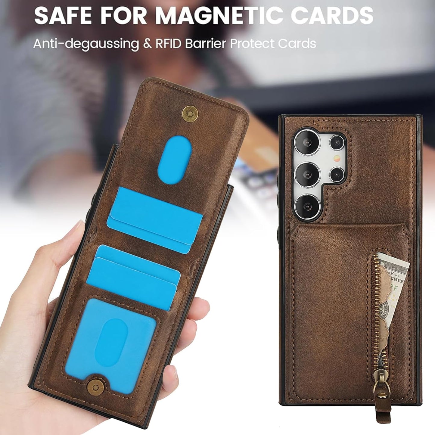 iTape Magnetic Card Holder Phone case Suitable for Samsung Galaxy S24 Ultra, Zipper Magnetic Split Magnetic Wallet with Adjustable Bracket