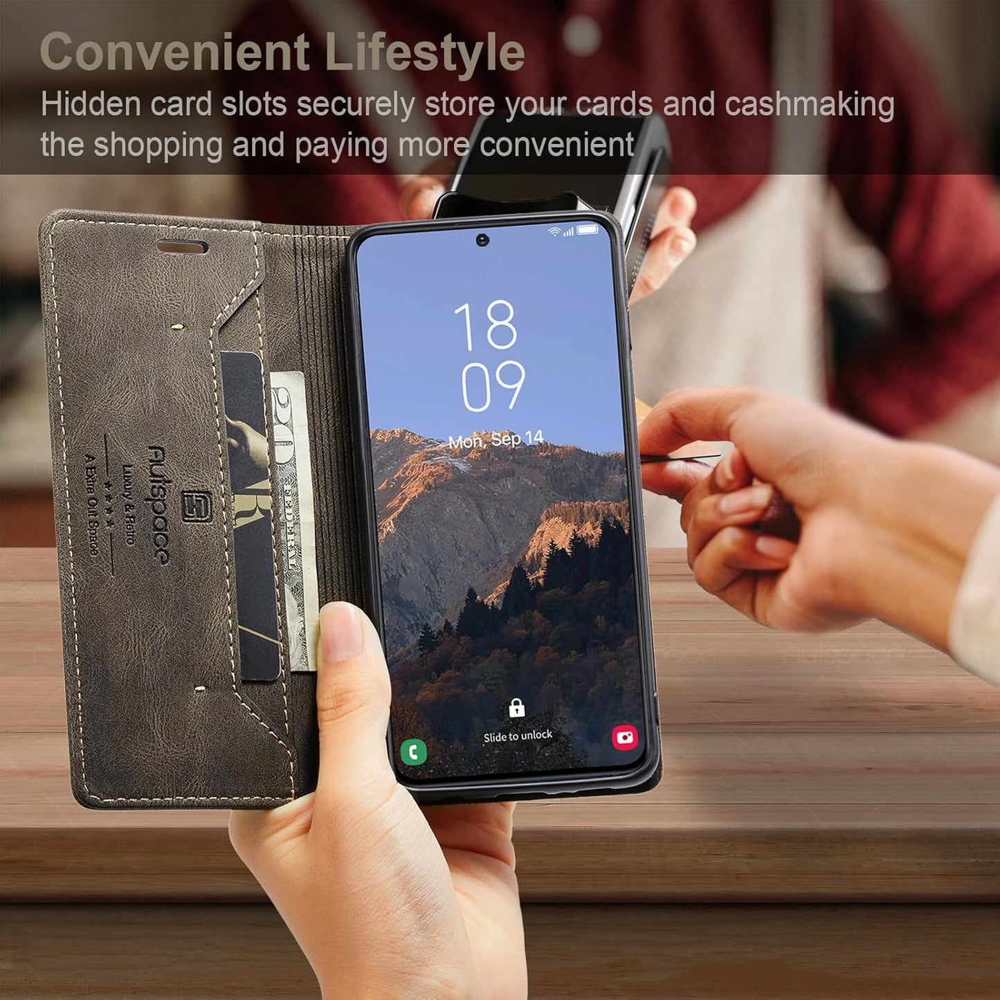 iTape Retro frosted soft leather mobile phone case for Samsung Galaxy S24, RFID (anti-theft swipe), wallet card slot flip cover stand, Green