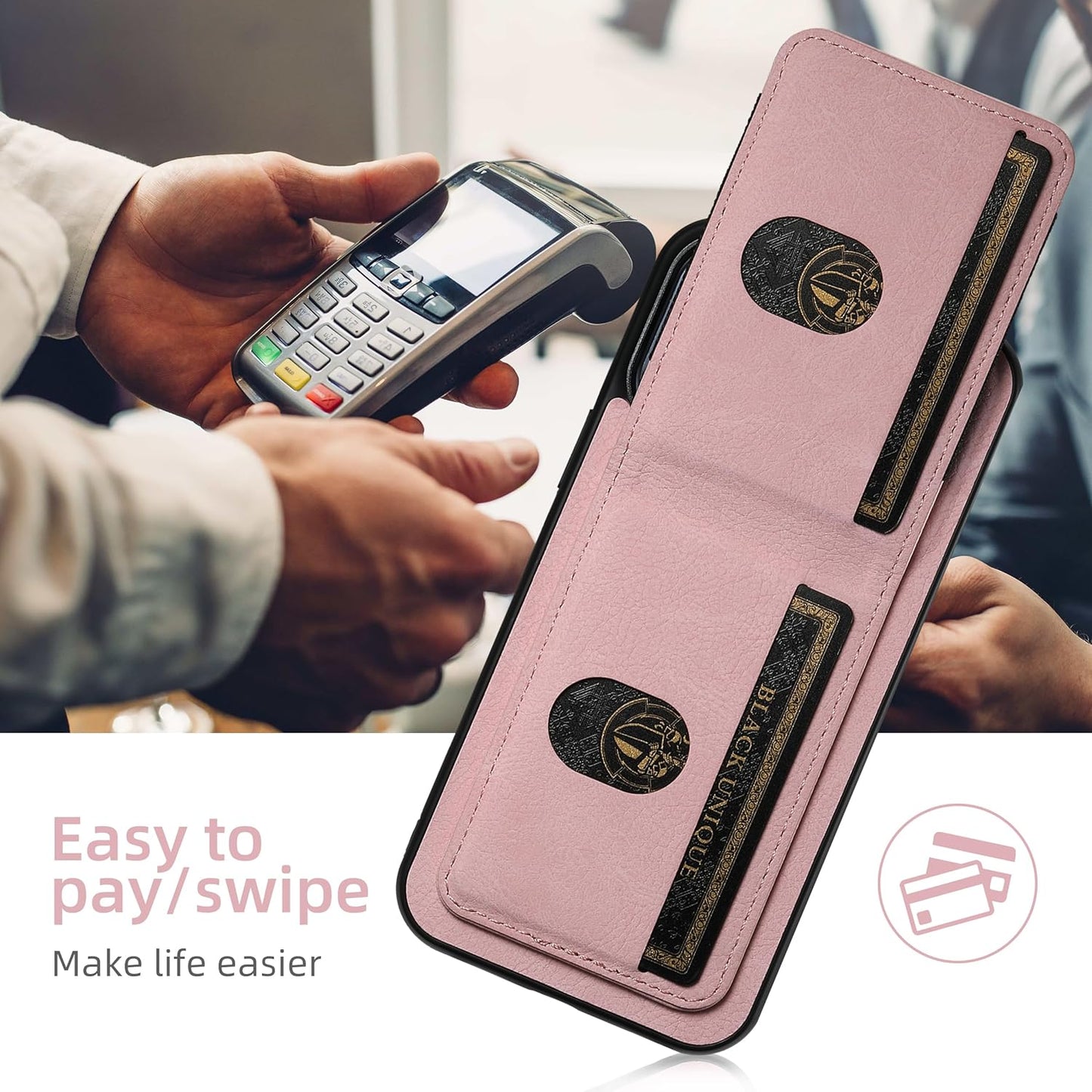 Litchi Texture Phone Case for iPhone 14 Pro - Ultra-thin Simple Card Holder Phone Case with Stand Durable Buffer [Shockproof TPU Inner Shell] Pink