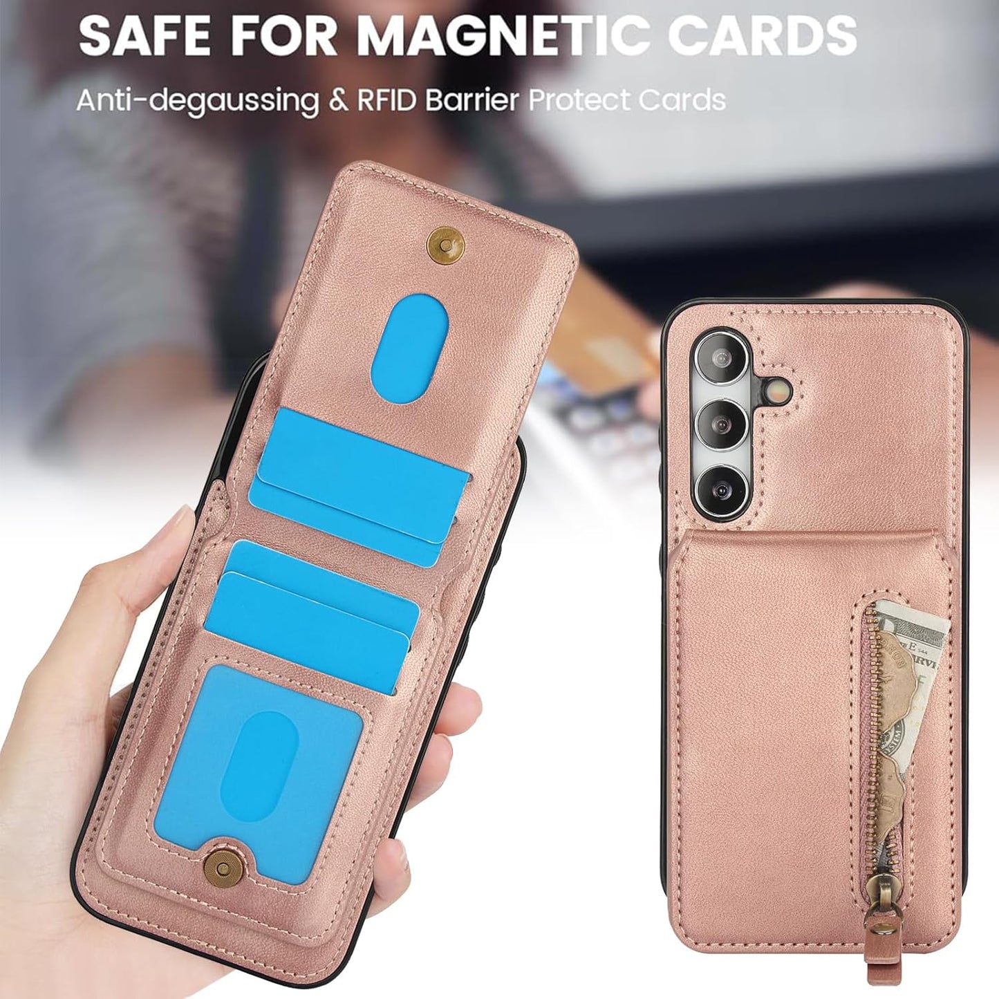 iTape Magnetic card holder phone case suitable for Samsung Galaxy S24+, zipper magnetic split magnetic wallet with adjustable bracket Blue