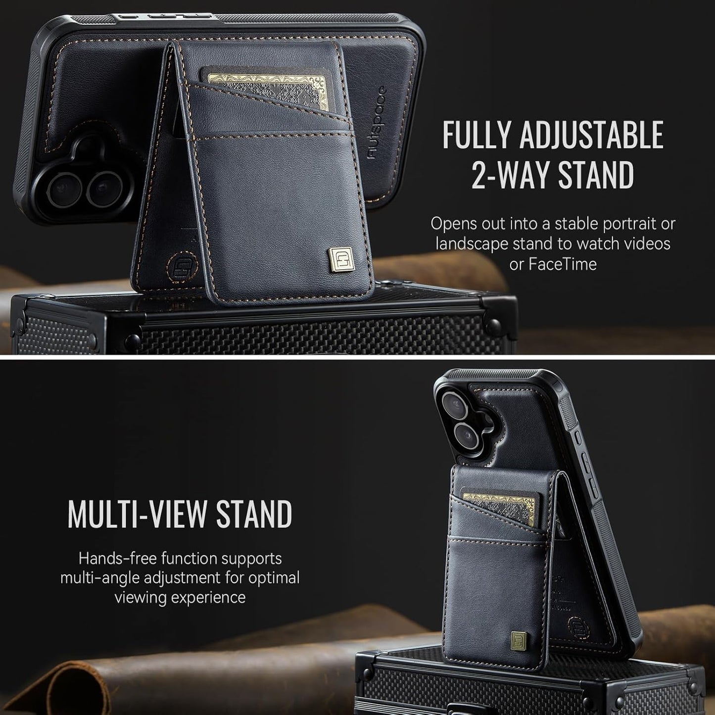Up and down card holder mobile phone case suitable for iPhone 16 Plus, RFID (anti-theft), supports car magnetic suction function, card slot wallet holder Brown
