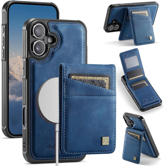 Up and down card holder mobile phone case suitable for iPhone 16, RFID (anti-theft), supports car magnetic suction function, card slot wallet holder Blue