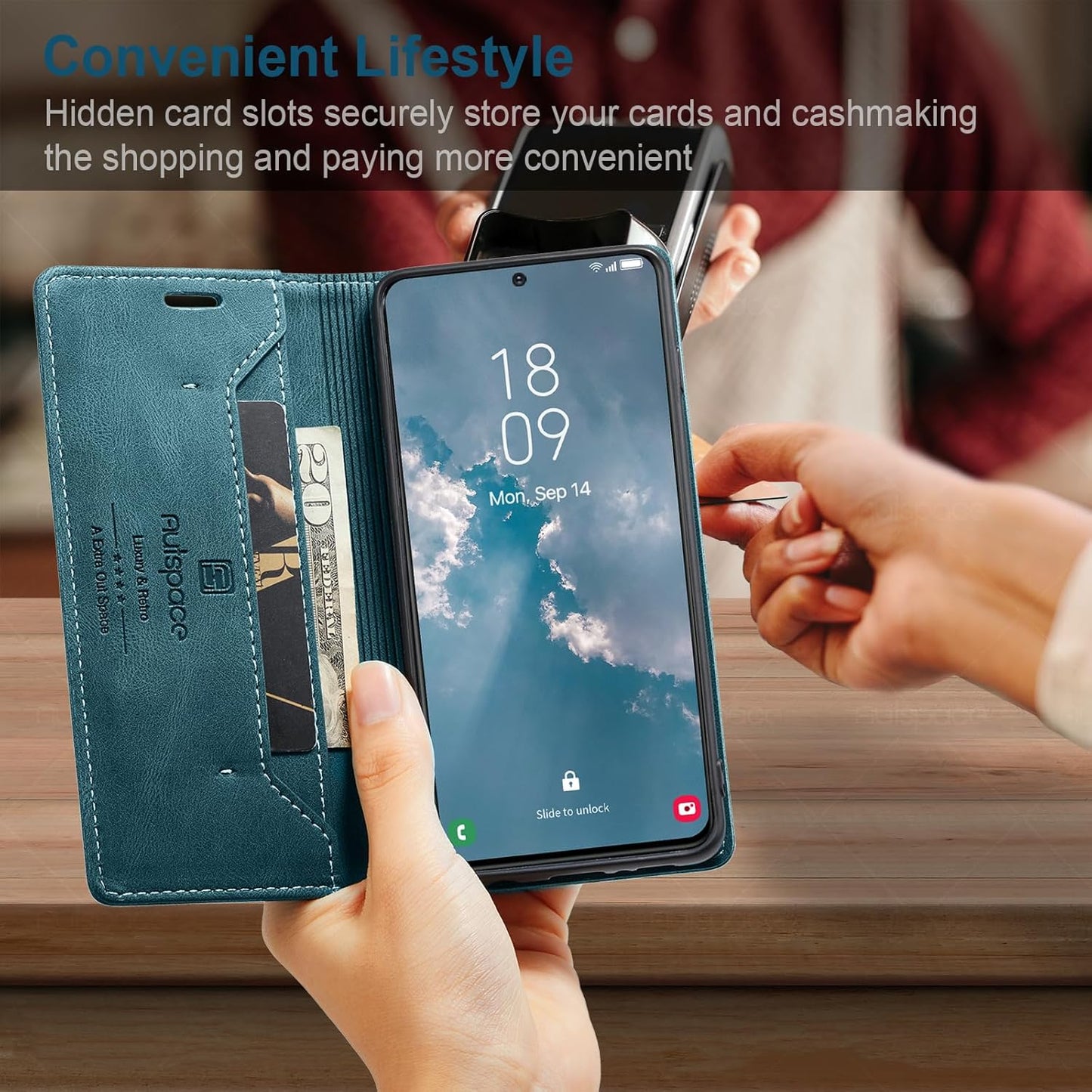 iTape Retro frosted soft leather mobile phone case for Samsung Galaxy S24, RFID (anti-theft swipe), wallet card slot flip cover stand, Green