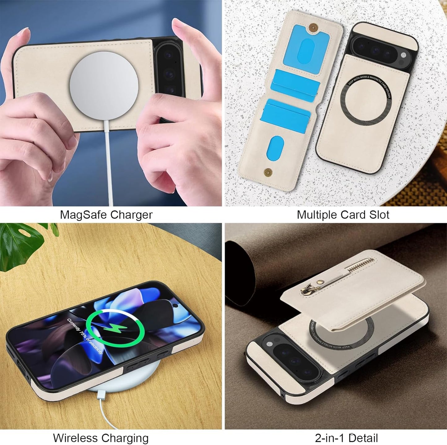 iTape Magnetic card holder phone case suitable for Google Pixel 9 Pro, zipper magnetic split magnetic wallet with adjustable bracket
