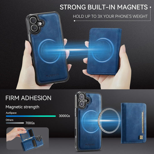 Double magnetic card holder mobile phone case for iPhone 16, RFID (anti-theft), supports car magnetic suction function + multi-directional bracket Blue