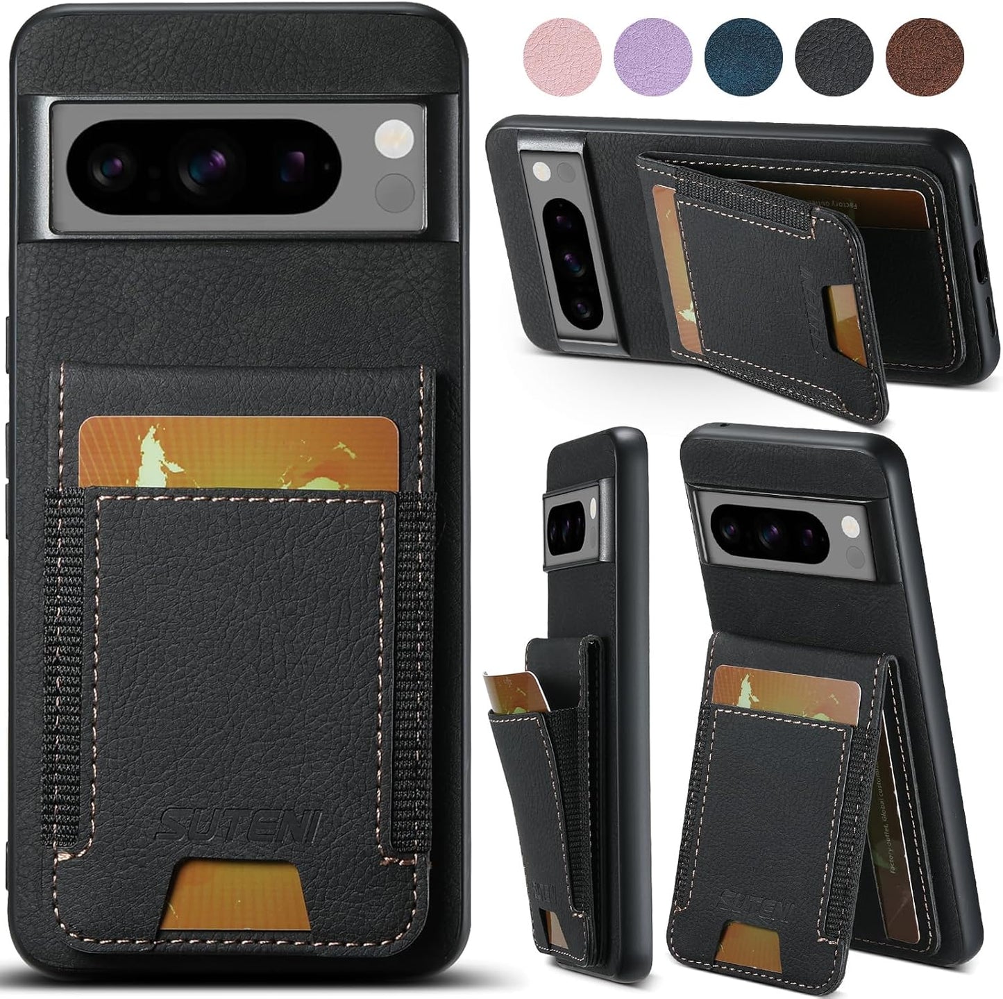 iTape Litchi Texture Phone Case for Google Pixel 8 Pro - Ultra-thin Simple Card Holder Phone Case with Stand Durable Buffer [Shockproof TPU Inner Shell] Black