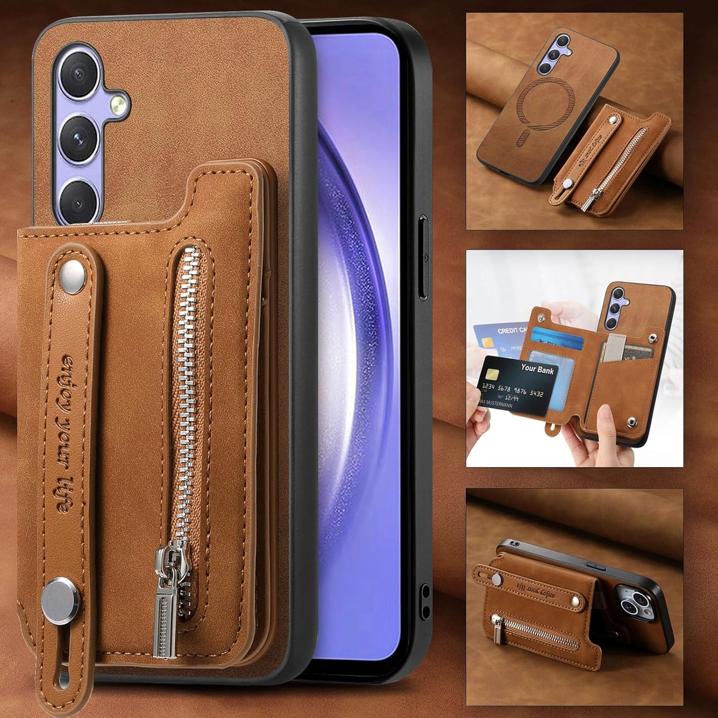 iTape Retro magnetic mobile phone case for Samsung Galaxy S25+, wireless charging magnetic car mount, Card slot, card holder, wrist strap bracket RFID anti-theft card Orange